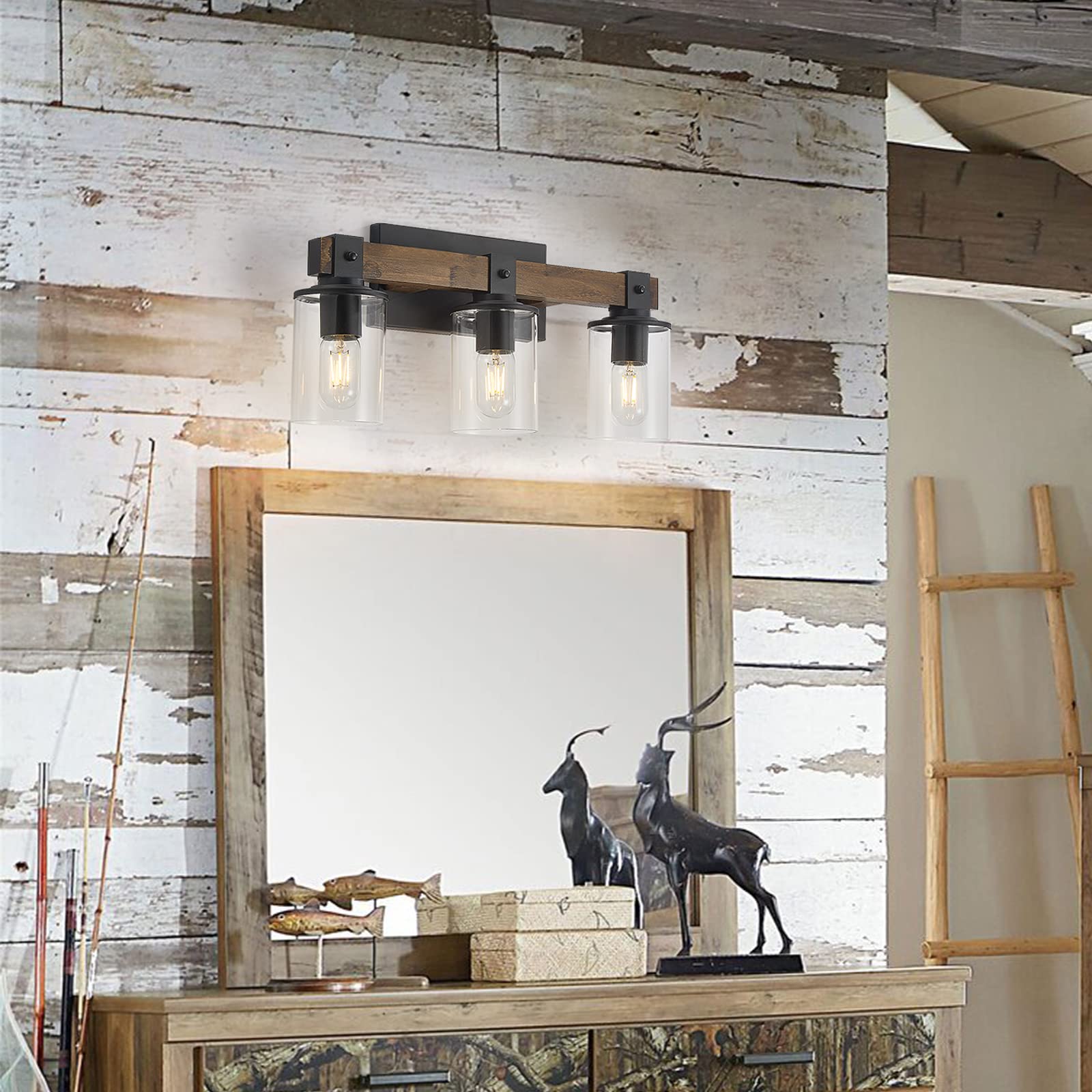 Alt View 5. Cedar Assembly - Wood Vanity Lights Farmhouse Bathroom Lighting Fixtures With Clear Glass Shade Industrial Vintage Rustic Wa - Antique Wood 3-Light.