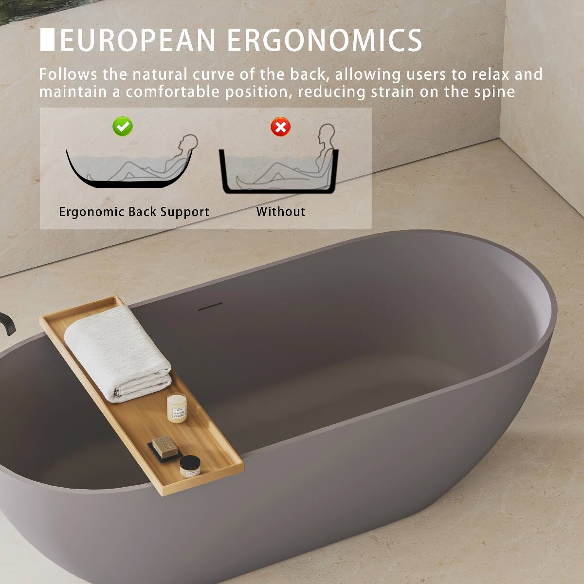 EUROPEAN ERGONOMICS  
Follows the natural curve of the back, allowing users to relax and maintain a comfortable position, reducing strain on the spine

Ergonomic Back Support  
Without