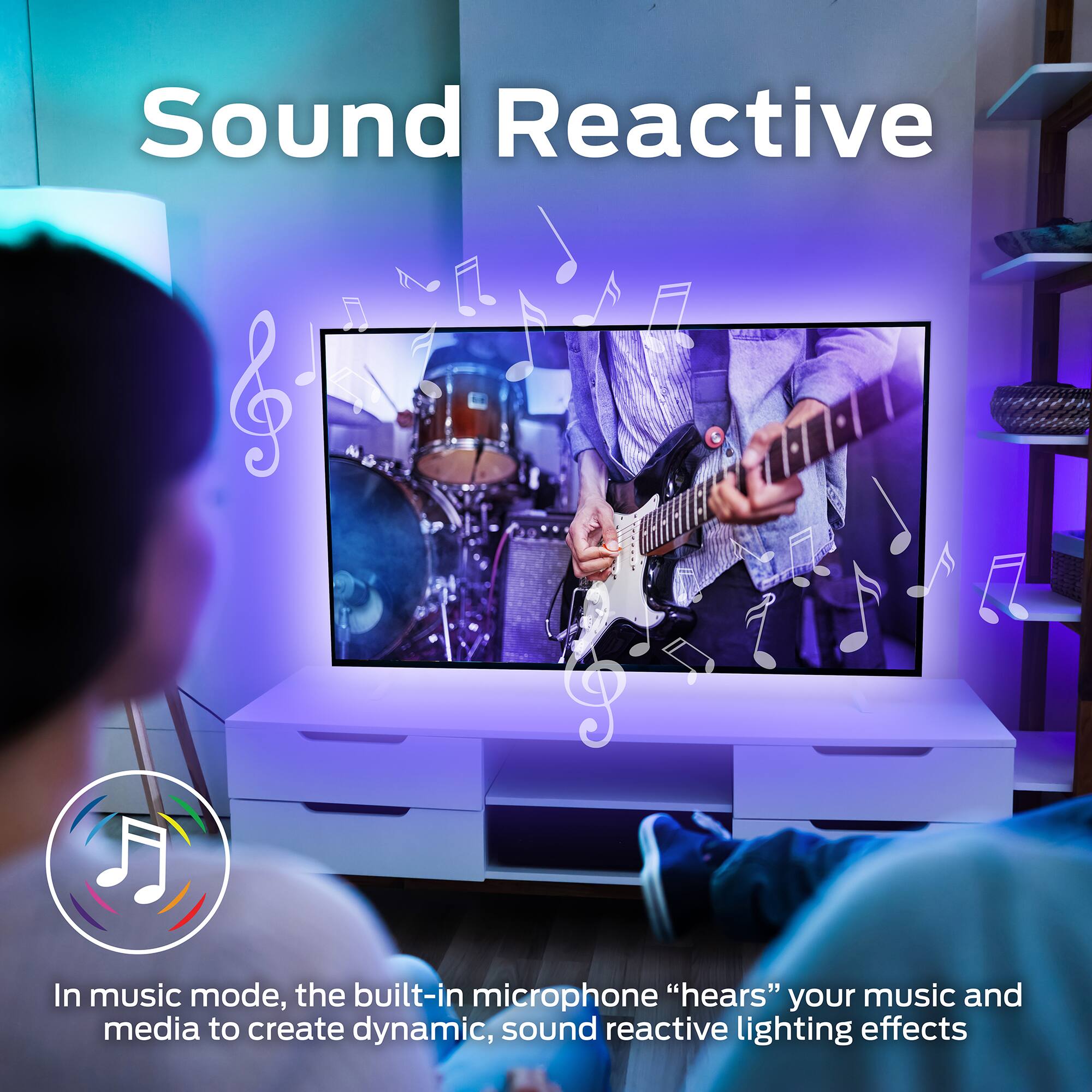 Sound Reactive

In music mode, the built-in microphone "hears" your music and media to create dynamic, sound reactive lighting effects.