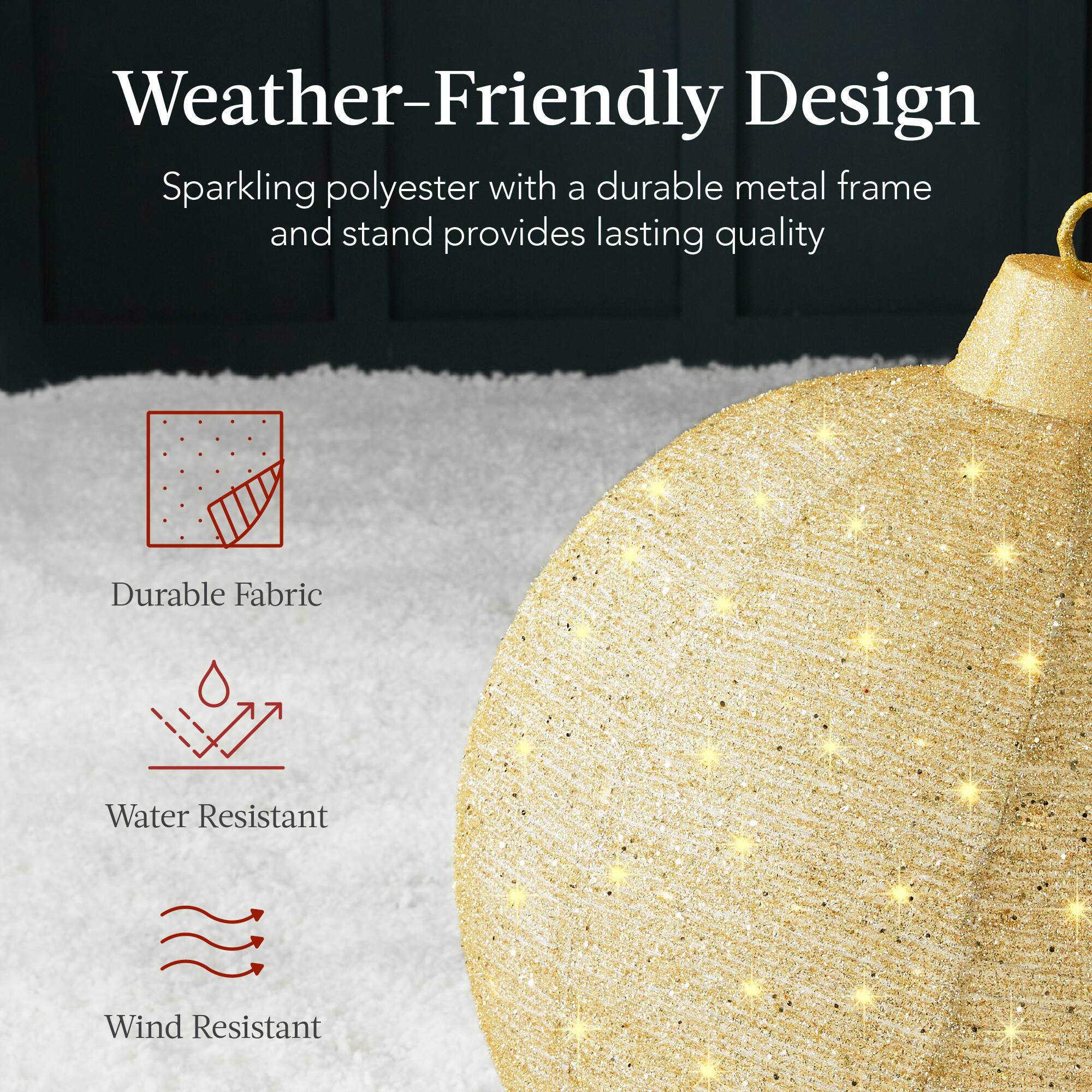 Weather-Friendly Design

Sparkling polyester with a durable metal frame and stand provides lasting quality

- Durable Fabric
- Water Resistant
- Wind Resistant