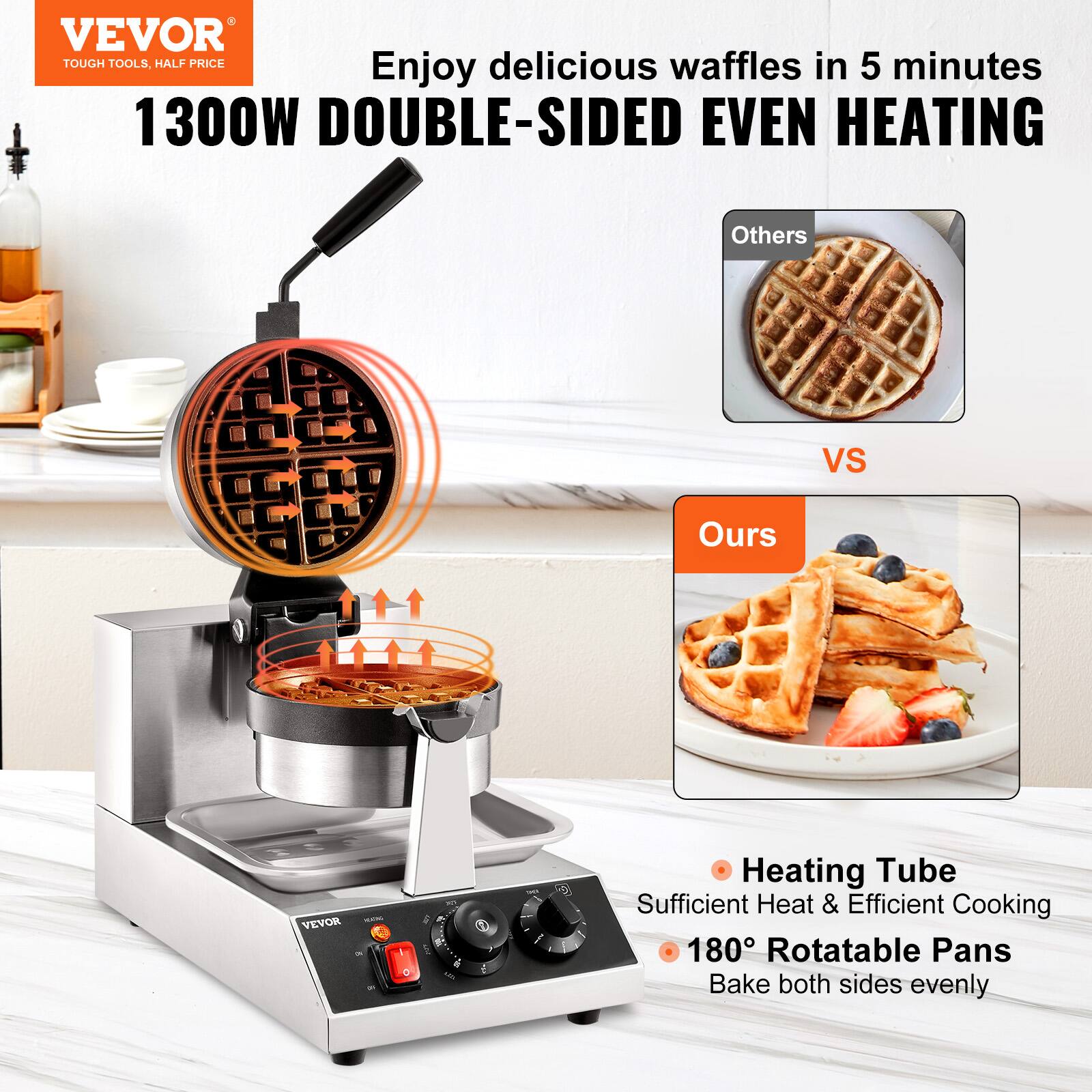 VEVOR TOUGH TOOLS, HALF PRICE

Enjoy delicious waffles in 5 minutes

1300W DOUBLE-SIDED EVEN HEATING

Others VS Ours

VEVOR - N 3

Heating Tube
Sufficient Heat & Efficient Cooking

180° Rotatable Pans
Bake both sides evenly