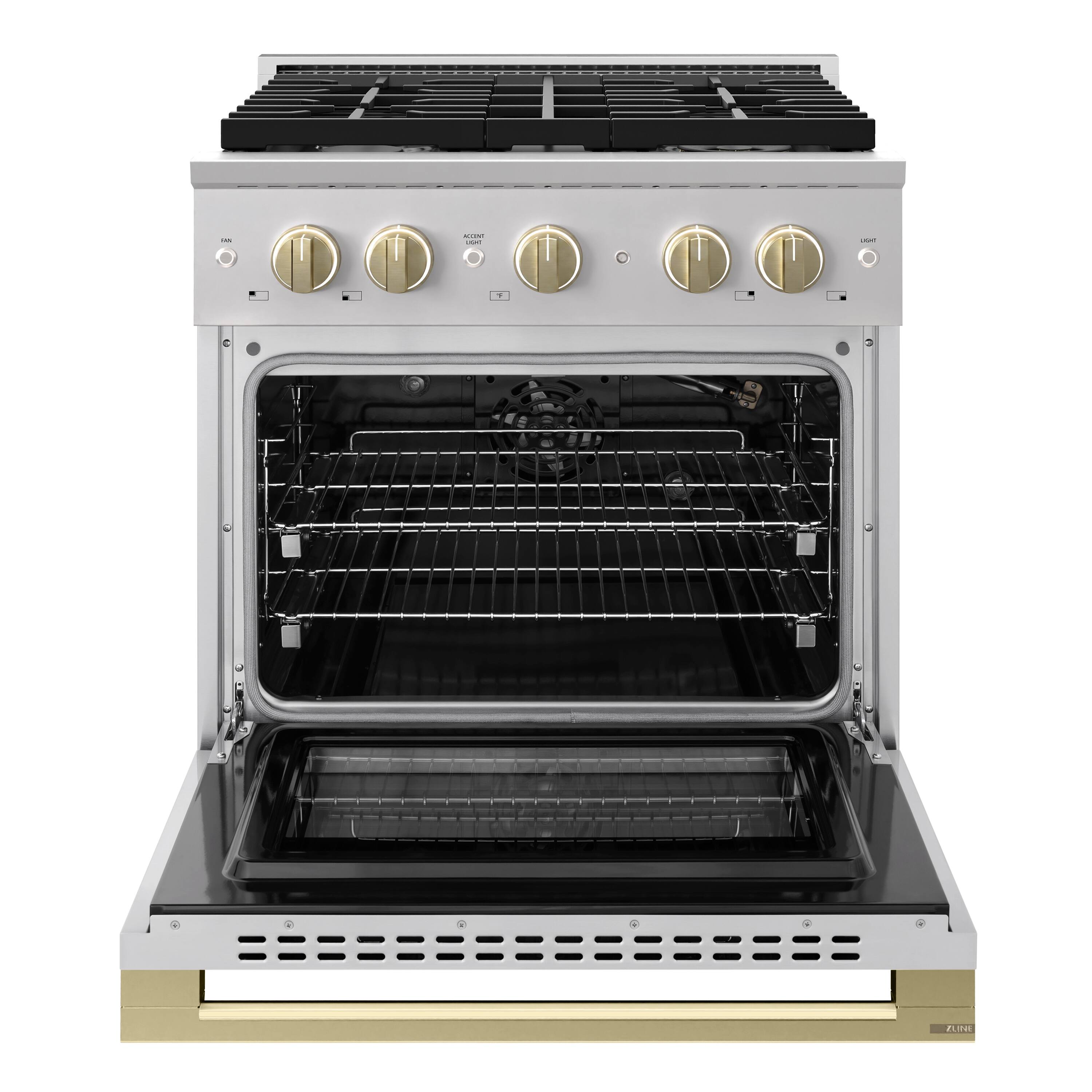Angle. ZLINE - Autograph 30 in. 4.2 cu. ft. Marino Freestanding Gas Range with 4 Burners and Manual Clean Oven with Bronze Accents - Stainless Steel.