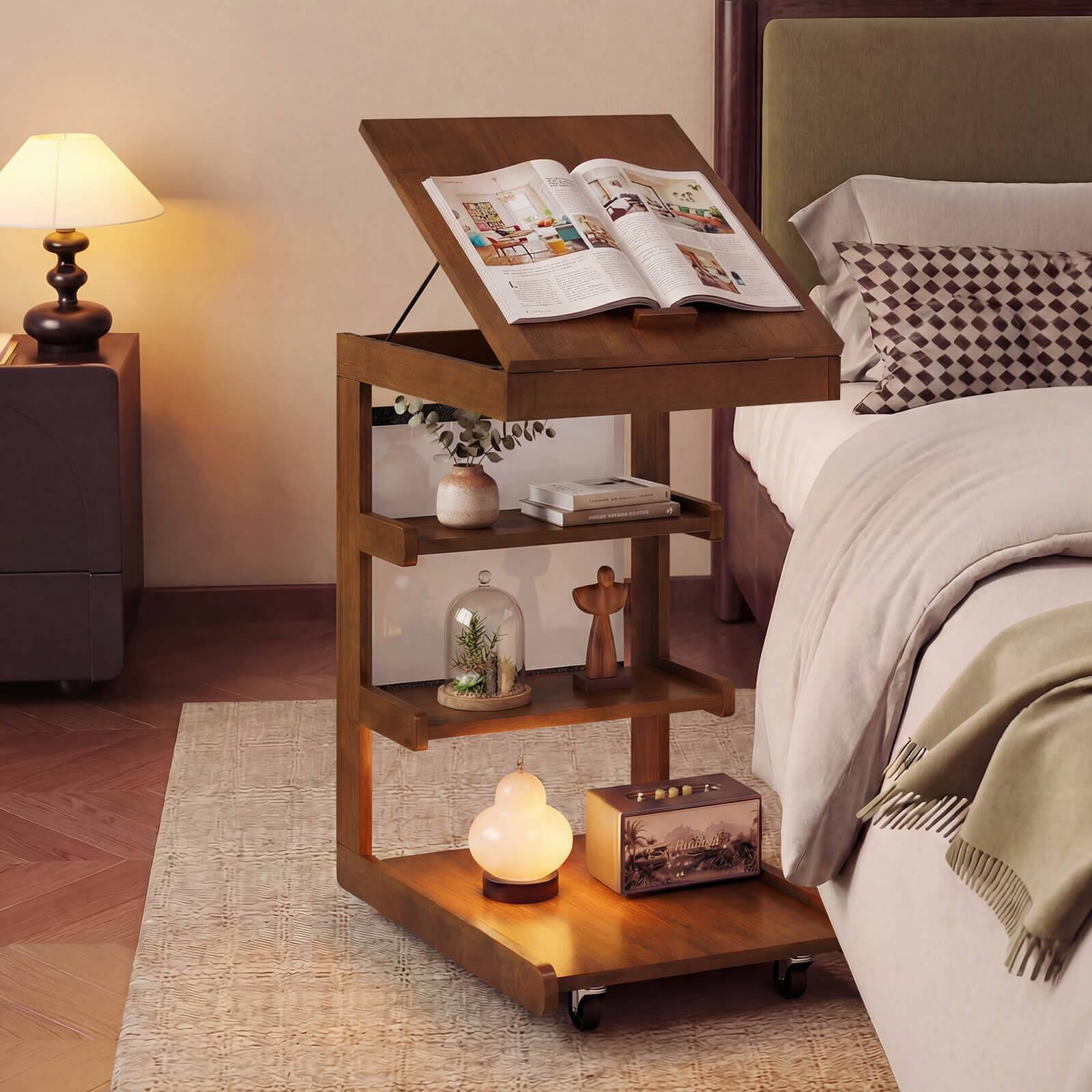 Alt View 3. Costway - Costway 1 PCS C-shaped End Table with Wheels, Adjustable Desktop, Edge Stopper, Storage Pocket - Brown.