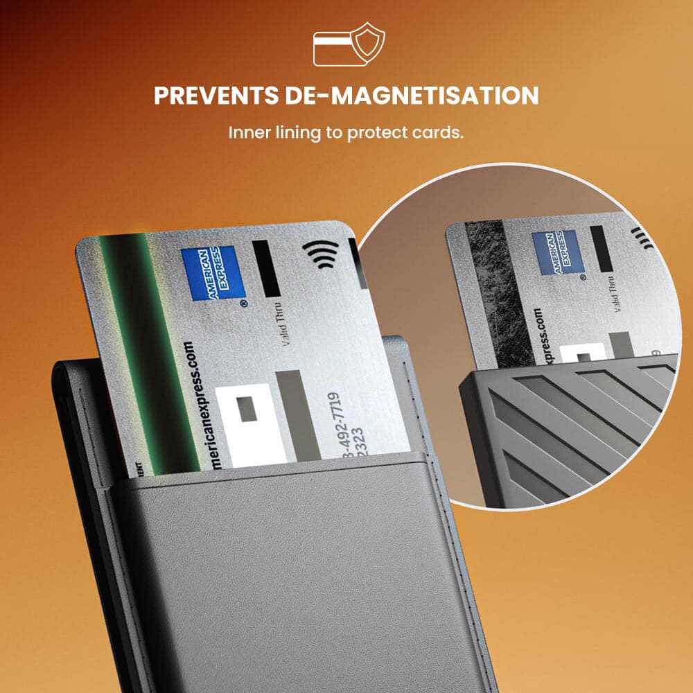 The text on the image reads: "Prevents de-magnetisation. Inner lining to protect cards. Rent American Express. americanexpress.com. Thru Valid B-492-7719 2323. American Express. kpress.com."