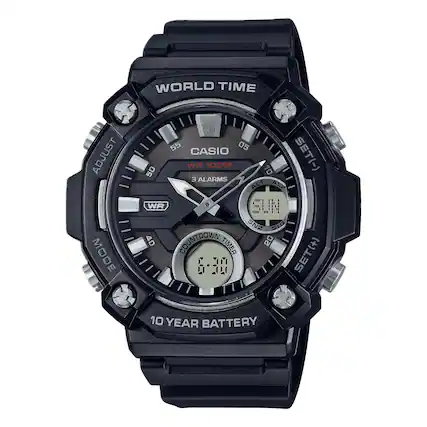 WORLD TIME
ADJUST
CASIO
WR 100M
3 ALARMS
ALARM
SUN
COUNTDOWN TIMER
10 YEAR BATTERY
SET(-)
SET(+)
