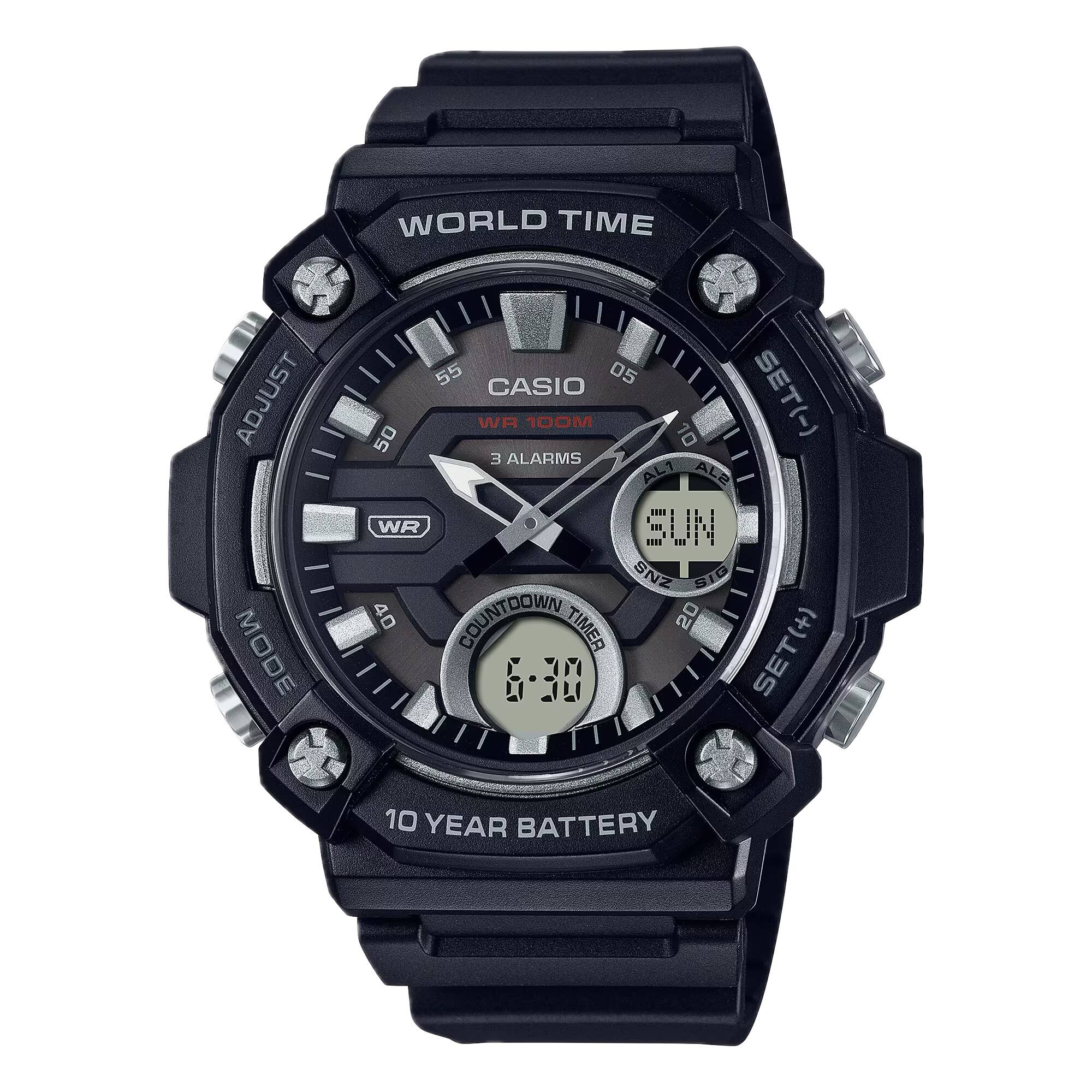 WORLD TIME  
ADJUST  
CASIO  
WR 100M  
3 ALARMS  
ALARM  
SUN  
COUNTDOWN TIMER  
10 YEAR BATTERY  
SET(-)  
SET(+)