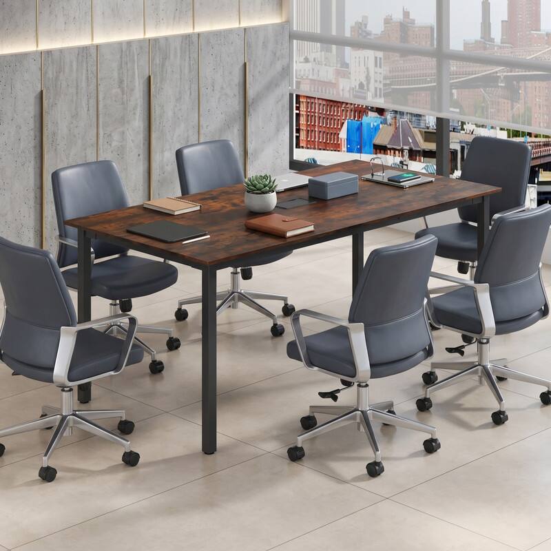 Front. WELLFOR - 6ft Conference Table for 6 People, Rectangular Meeting Boardroom Table for Office - Rustic Brown.