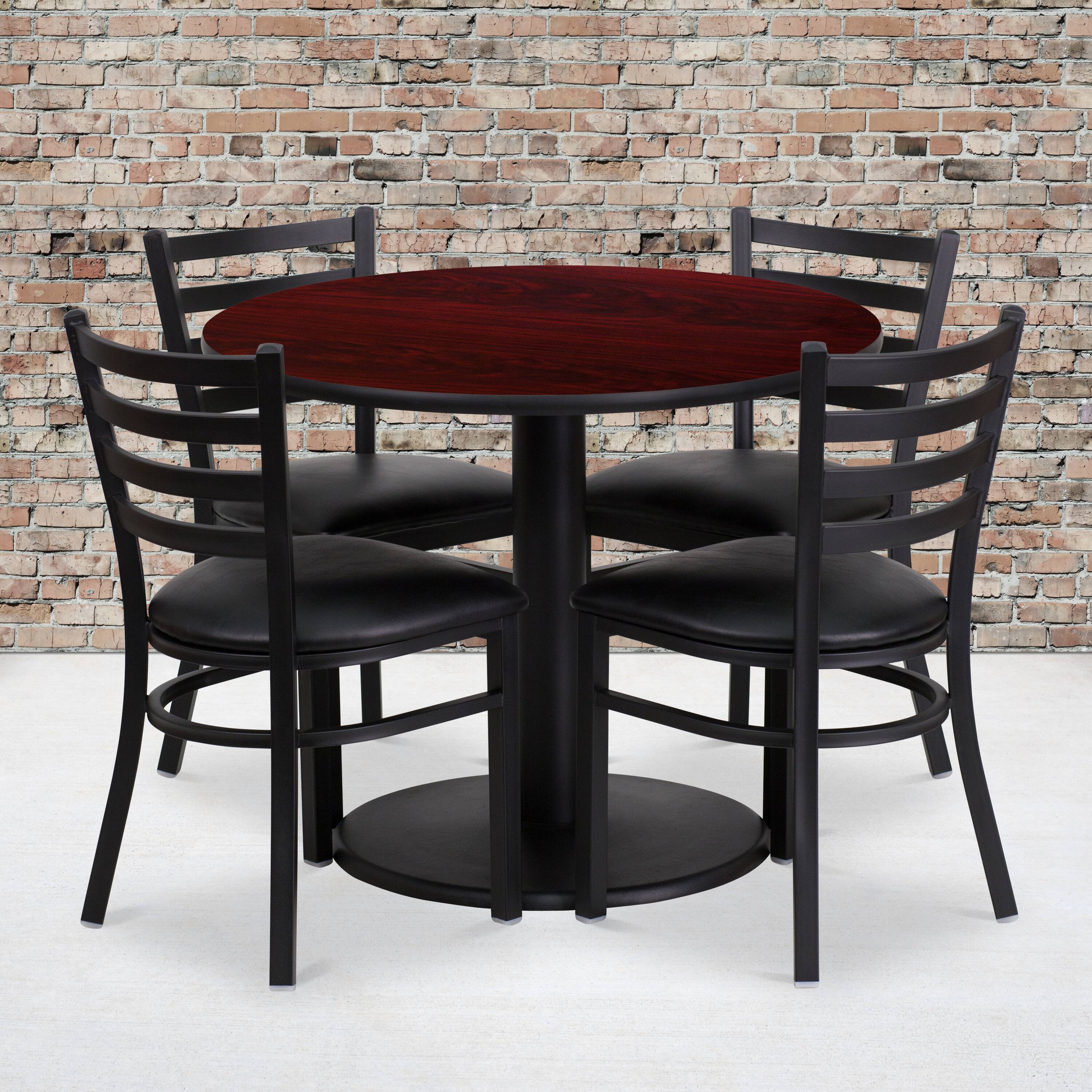 Alt View 1. Emma + Oliver - 36" Round Laminate Table Set with 4 Ladder Back Metal Chairs - Mahogany Top/Black Vinyl Seat.