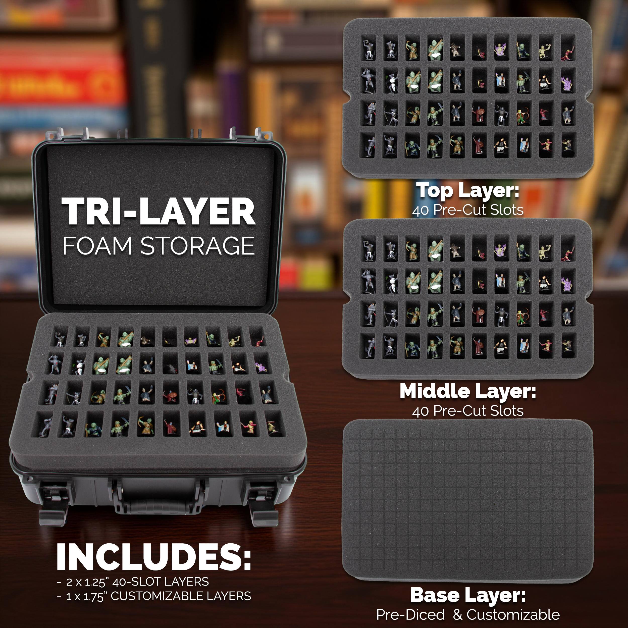TRI-LAYER FOAM STORAGE

Top Layer: 40 Pre-Cut Slots

Middle Layer: 40 Pre-Cut Slots

Base Layer: Pre-Diced & Customizable

INCLUDES:
- 2x 1.25" 40-SLOT LAYERS
- 1x 1.75" CUSTOMIZABLE LAYERS
