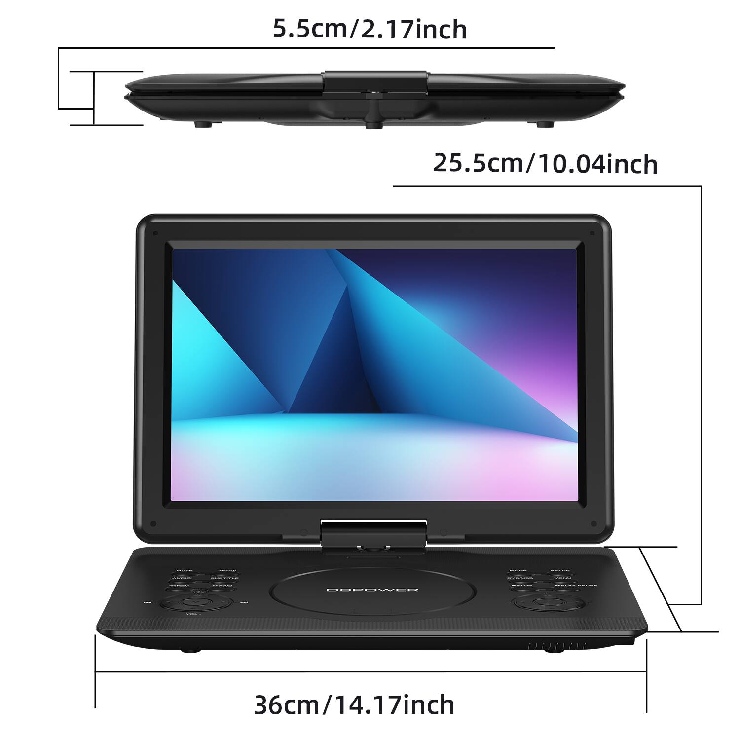 5.5cm/2.17inch  
25.5cm/10.04inch  
36cm/14.17inch