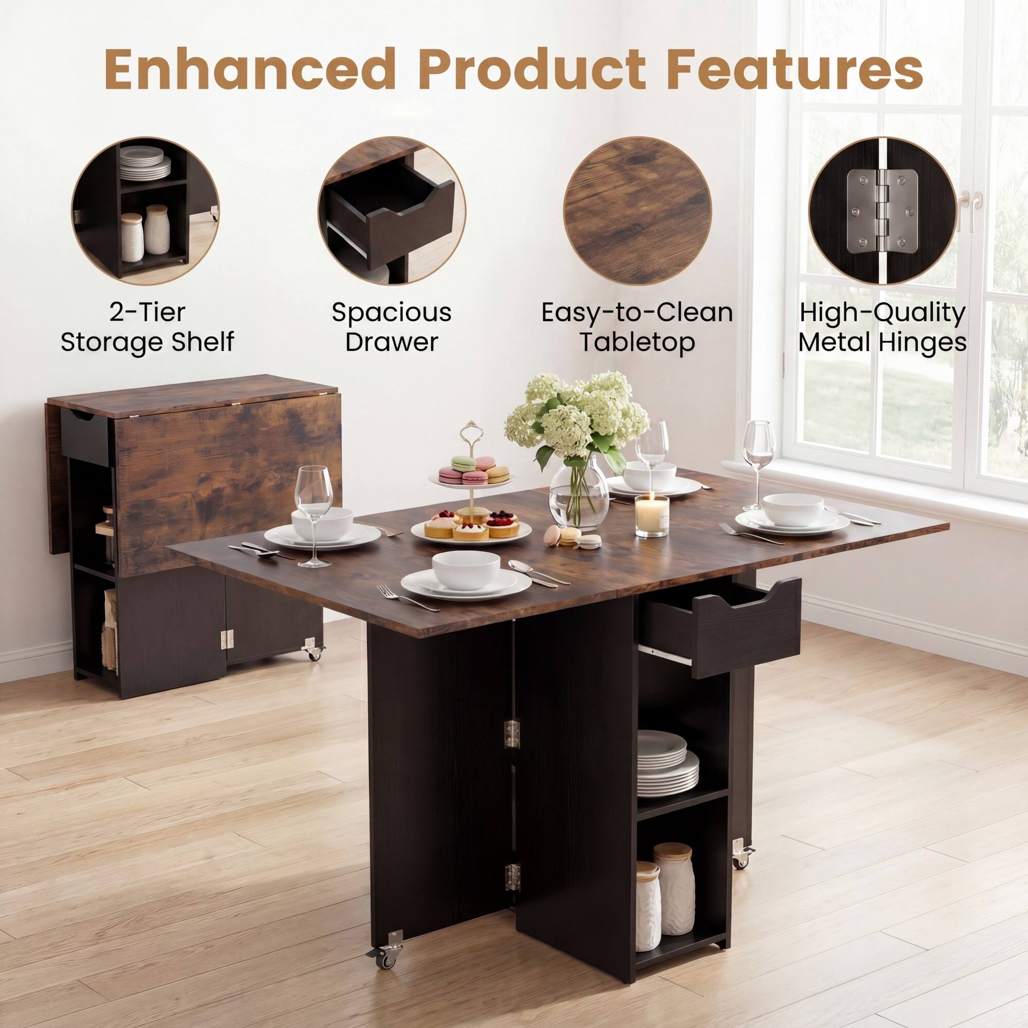Enhanced Product Features

- 2-Tier Storage Shelf
- Spacious Drawer
- Easy-to-Clean Tabletop
- High-Quality Metal Hinges