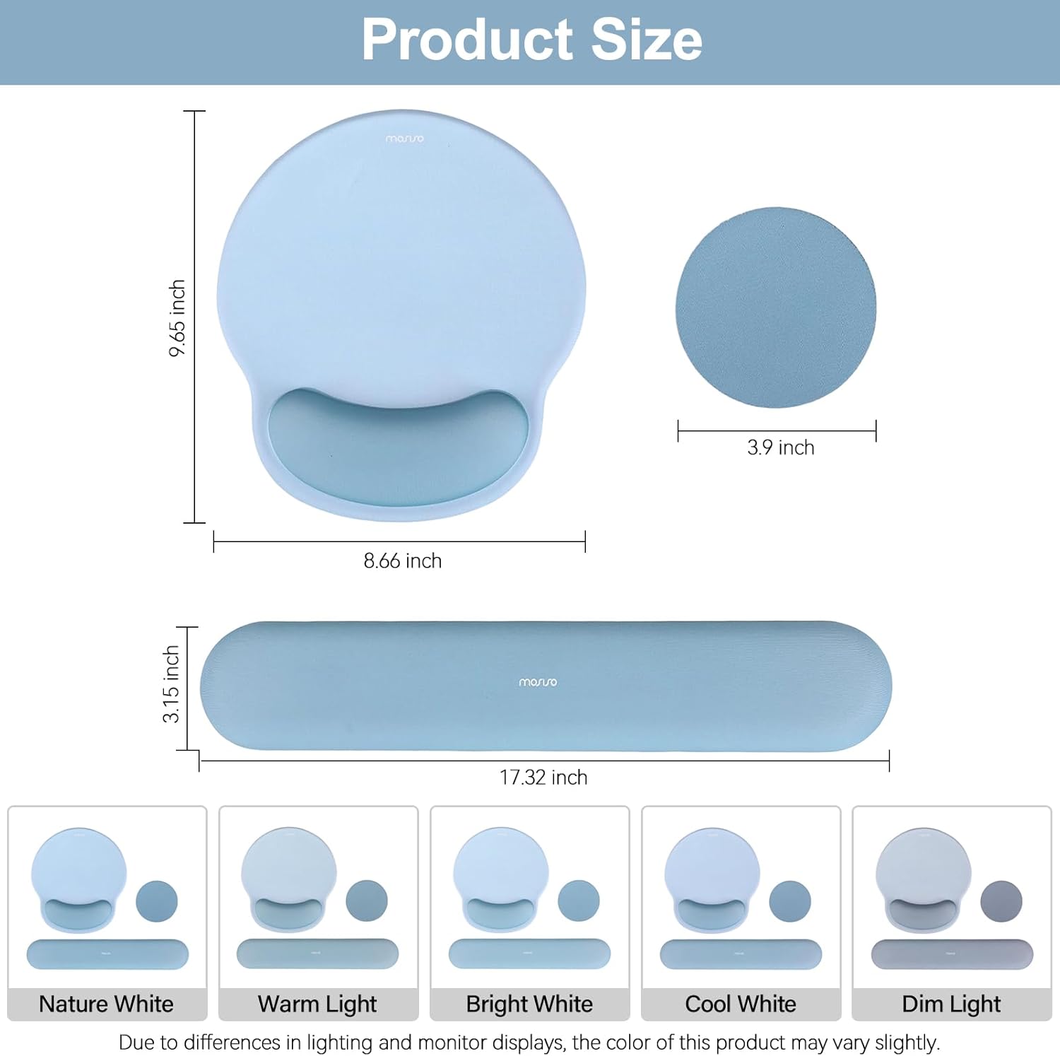 Product Size  
- Height: 9.65 inch  
- Diameter: 3.9 inch  
- Length: 8.66 inch  
- Width: 3.15 inch  
- Overall Length: 17.32 inch  

Nature White  
Warm Light  
Bright White  
Cool White  
Dim Light  

Due to differences in lighting and monitor displays, the color of this product may vary slightly.