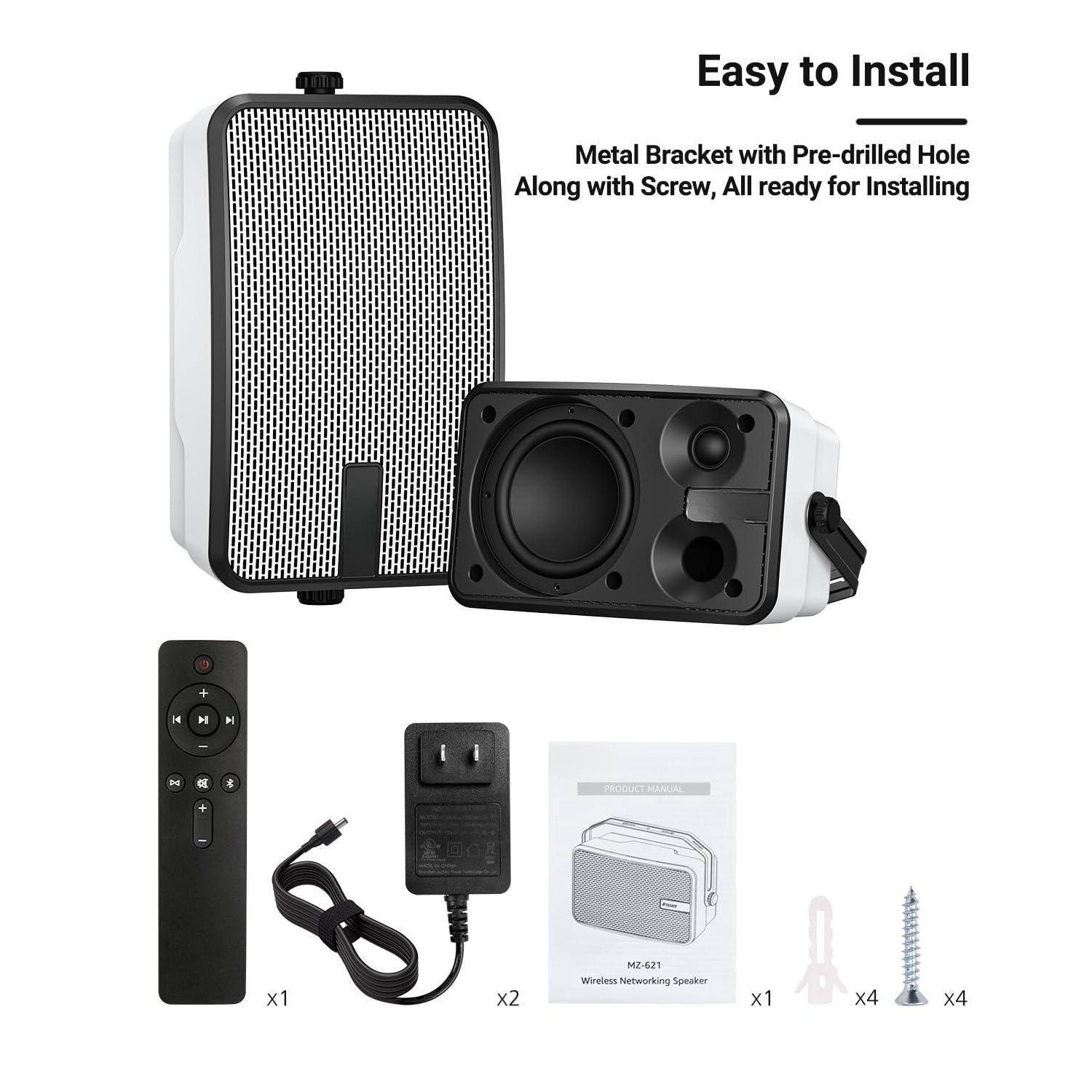 Easy to Install

Metal Bracket with Pre-drilled Hole Along with Screw, All ready for Installing

PRODUCT MANUAL x1

M2-621 Wireless Networking Speaker x1

Remote Control x1

Power Adapter x2

Screws x4

Mounting Bracket x4
