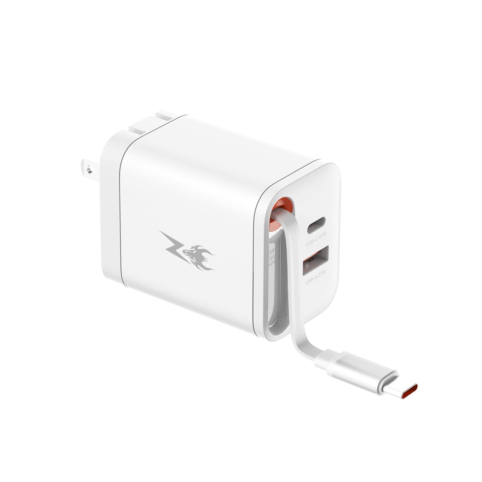 AmpNergy - PowerSurge 40W+ Dual-Port GaN Charger with Retractable USB-C Cable - White