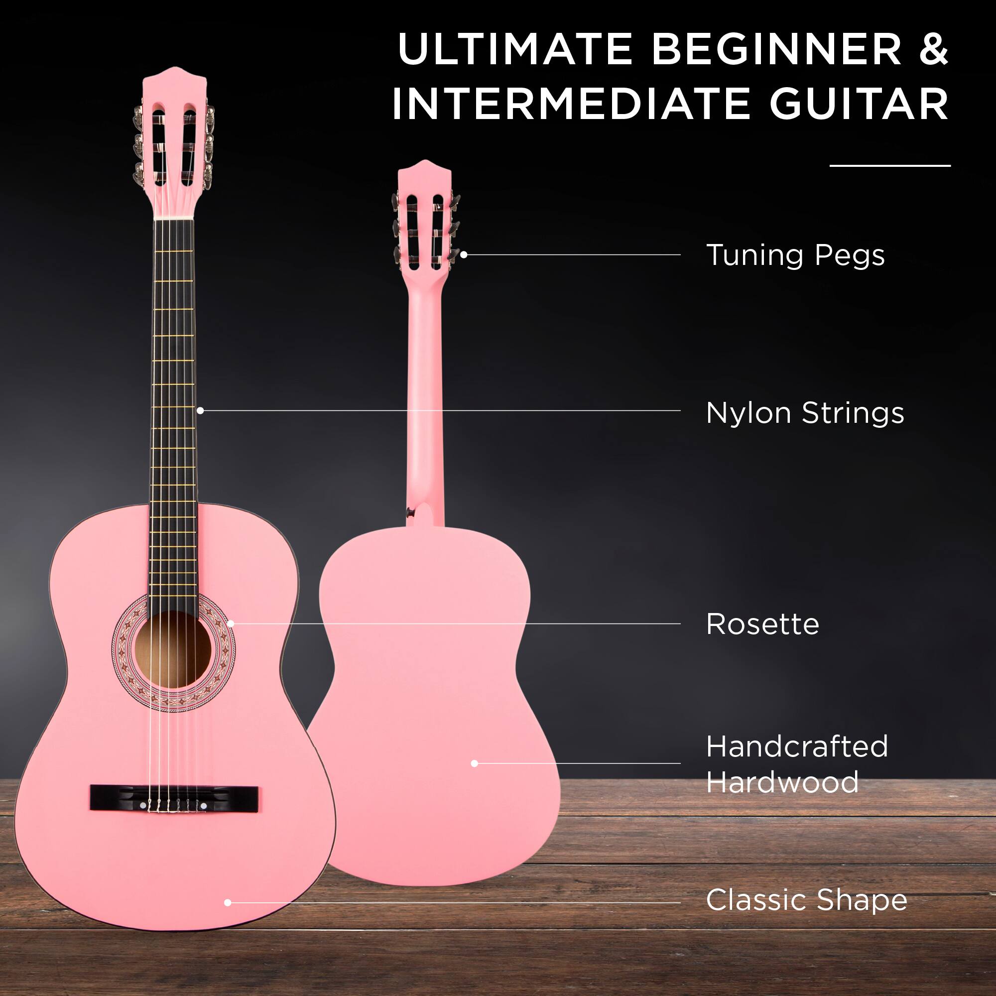 ULTIMATE BEGINNER & INTERMEDIATE GUITAR

- Tuning Pegs
- Nylon Strings
- Rosette
- Handcrafted Hardwood
- Classic Shape