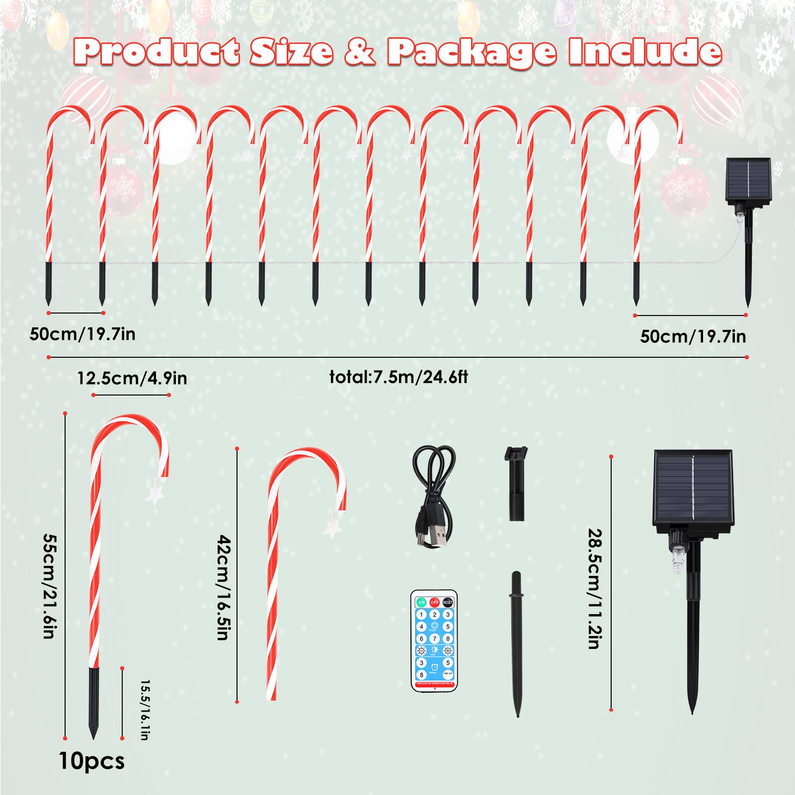 Product Size & Package Include

- 50cm/19.7in
- 50cm/19.7in
- 12.5cm/4.9in
- total: 7.5m/24.6ft
- 55cm/21.6in
- 15.5/16.1in
- 42cm/16.5in
- 28.5cm/11.2in
- 2in

Package Includes:
- 10pcs