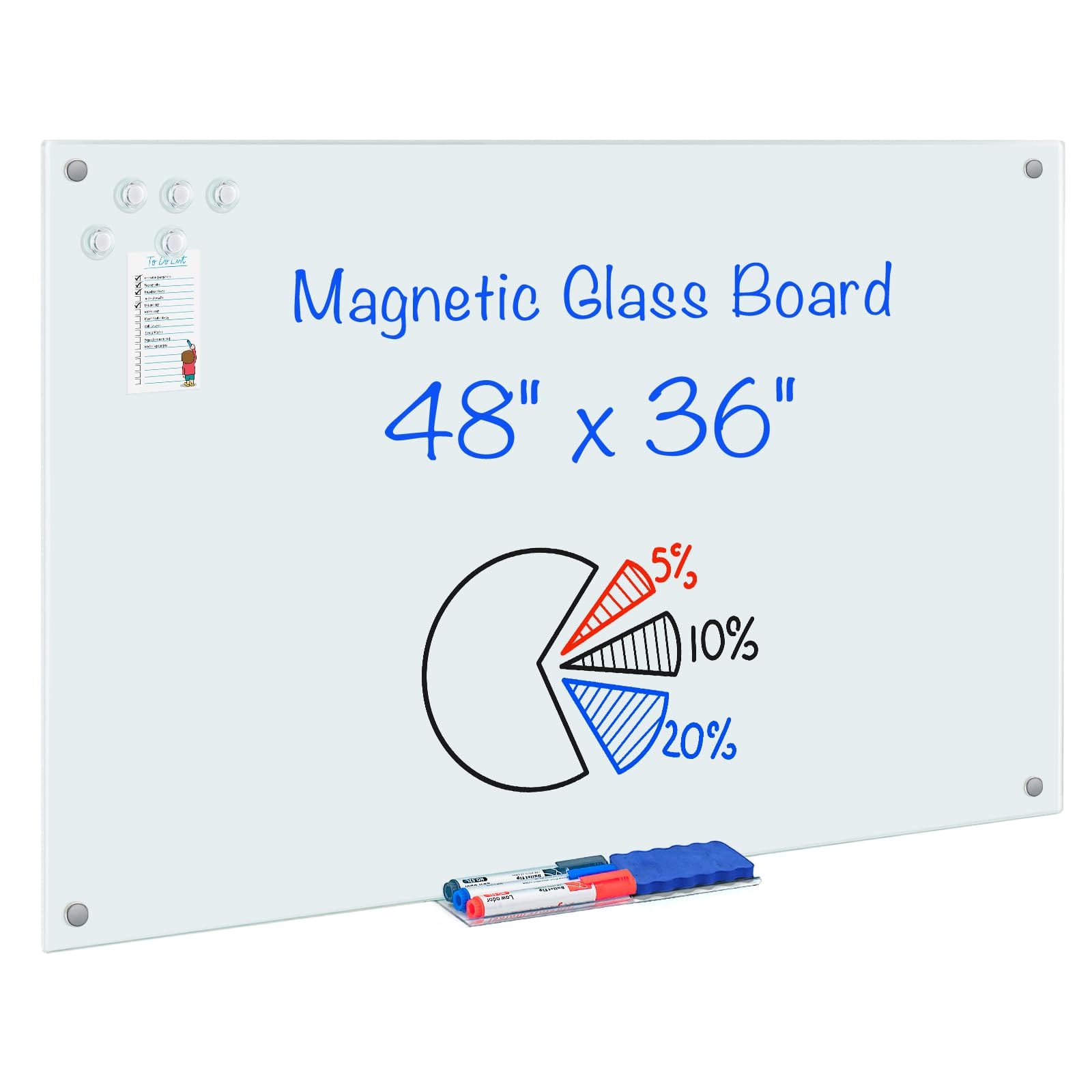 maxtek - Glass Dry Erase Bulletin Boards 48" x 36" Frameless Glass Board Mounted Whiteboards Presentation Supplies with 5 Magnets - White