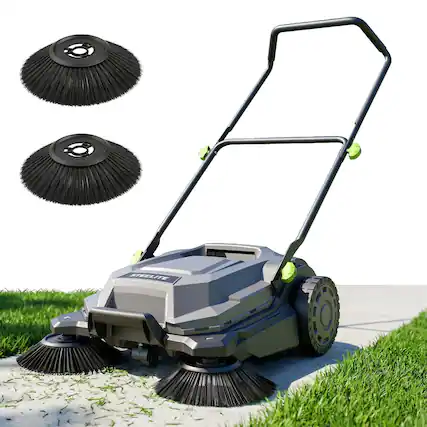 Front. Steelite - 26.8" Width Manual Walk-Behind Hand Push Floor Sweeper with 6.4-Gal Waste Container.