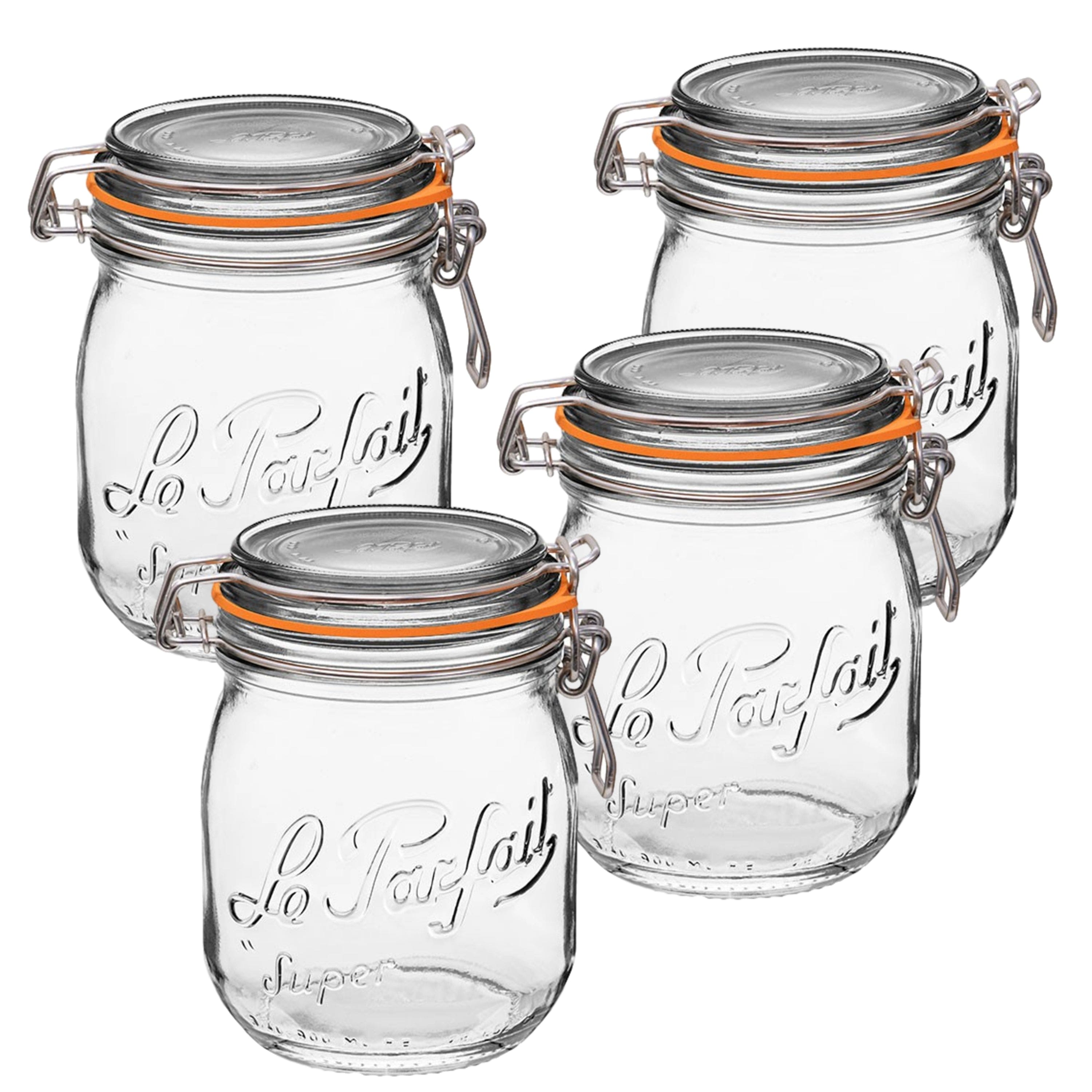 Le Parfait - Super Jar - 750ml French Glass Canning Jar w/Round Body, Airtight Rubber Seal & Glass Lid, 24oz/Pint & Half (Pack of 4)