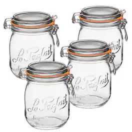 Le Parfait - Super Jar - 750ml French Glass Canning Jar w/Round Body, Airtight Rubber Seal & Glass Lid, 24oz/Pint & Half (Pack of 4)