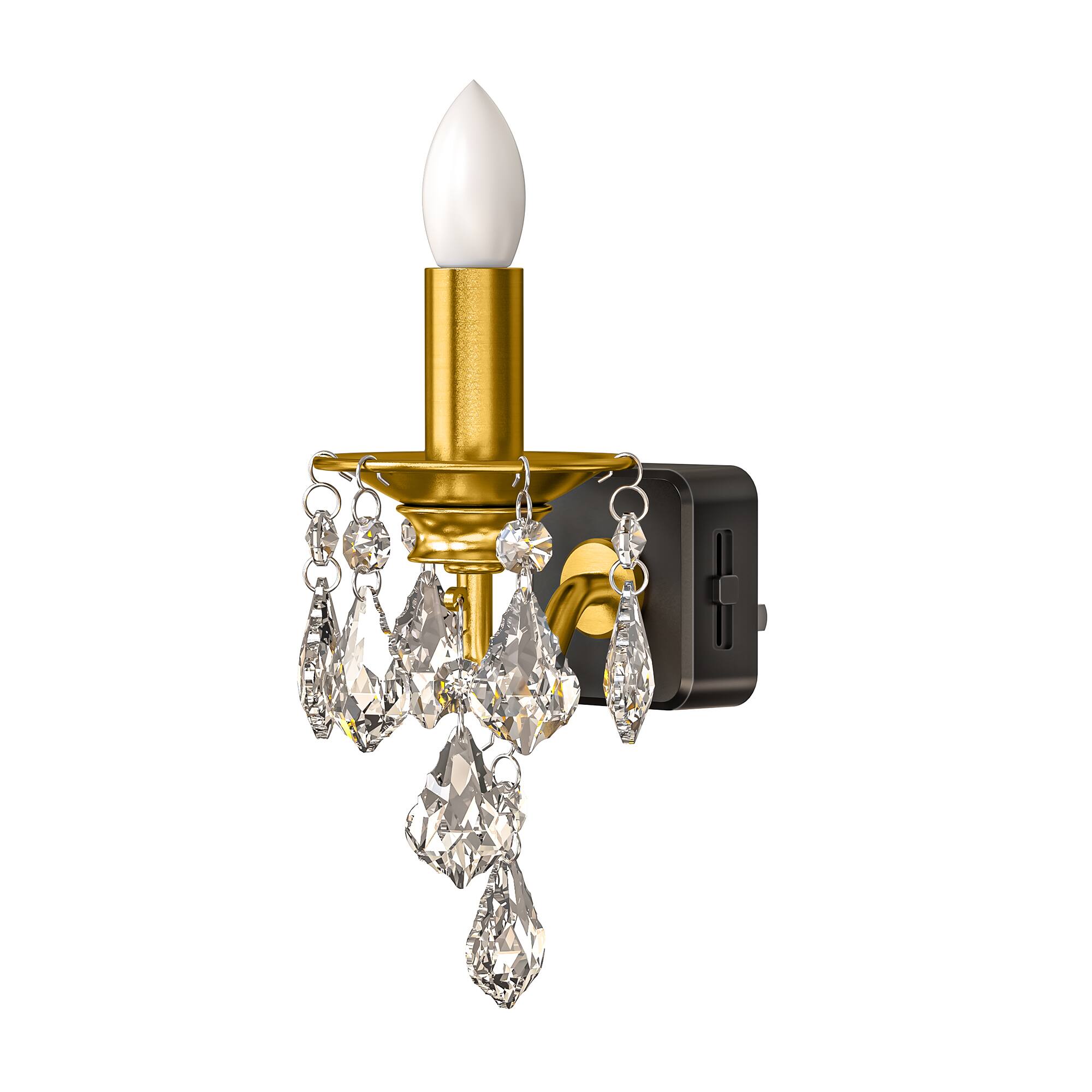 Front. Jandcase - JANDCASE 1W  Plug-in Night Light, Amber Glow, Curved Tube Chandelier with Crystal Pendant, Gold Finish,  Grounded - Black and Gold.