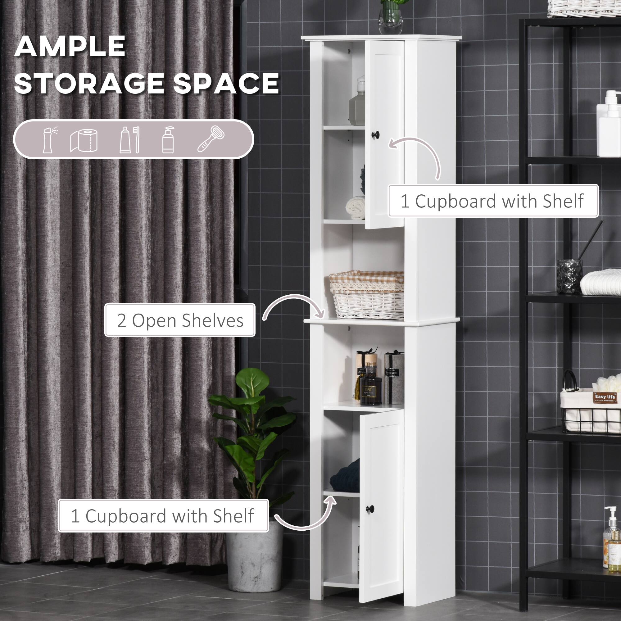 AMPLE STORAGE SPACE

1 Cupboard with Shelf

2 Open Shelves

1 Cupboard with Shelf