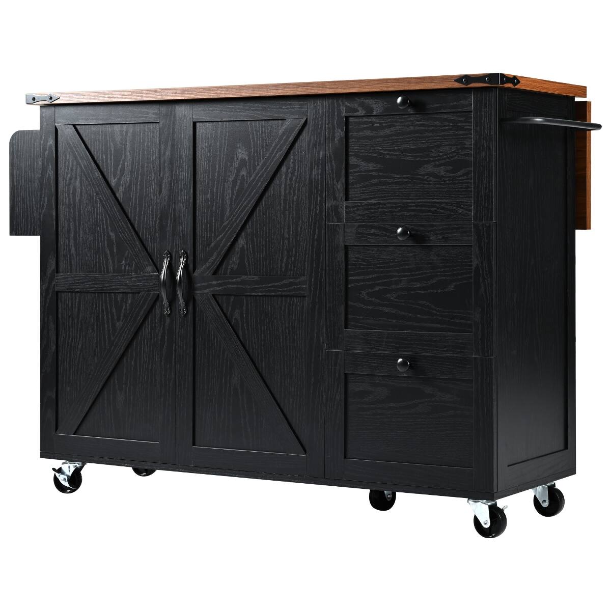 Alt View 6. Loheer - Loheer 54.5" Farmhouse Kitchen Island with Power Outlet, Drop Leaf, Rolling Kitchen Cart on Wheels, Black - Black.
