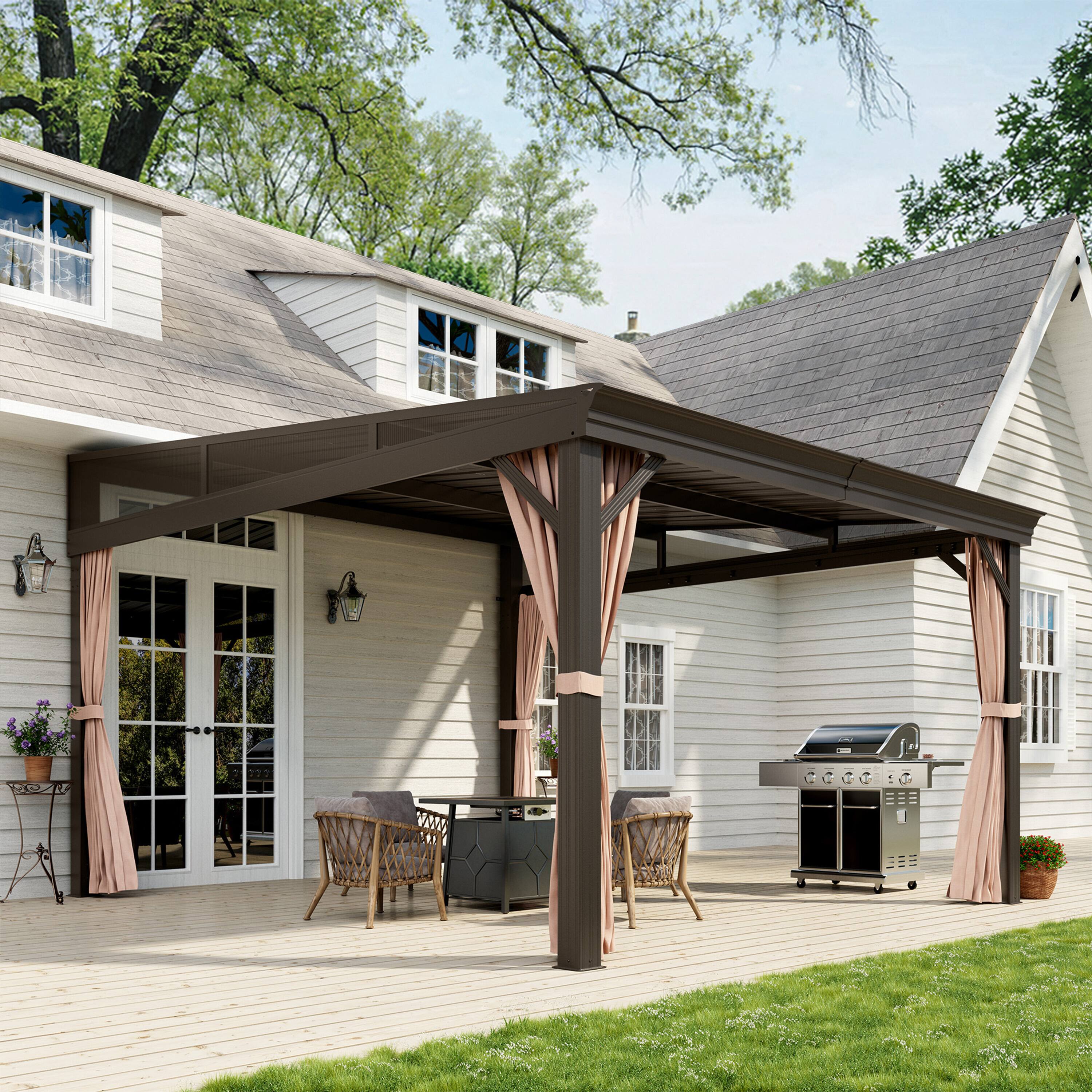 Left. Mondawe - 10x12 ft Wall-Mounted Hardtop Gazebo with Aluminum Frame, Galvanized Steel Roof, Sunroom, Curtains, and Netting - Black.
