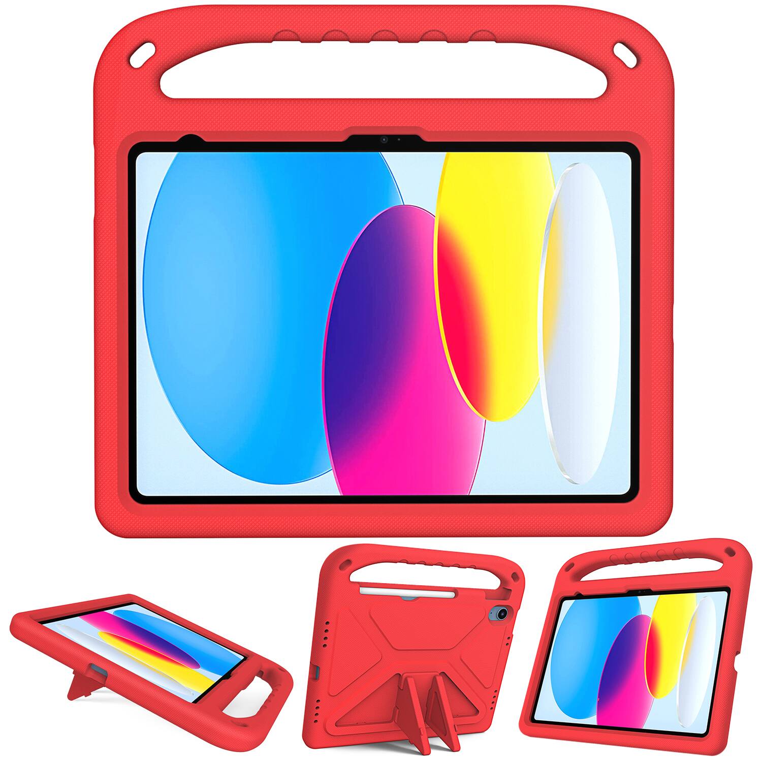 Angle. Dteck - For Apple iPad (A16) 11" 2025/iPad 10th 2022 Rugged Case Kids Friendly EVA Handle Grip Pencil Holder Kickstand Cover - Red.