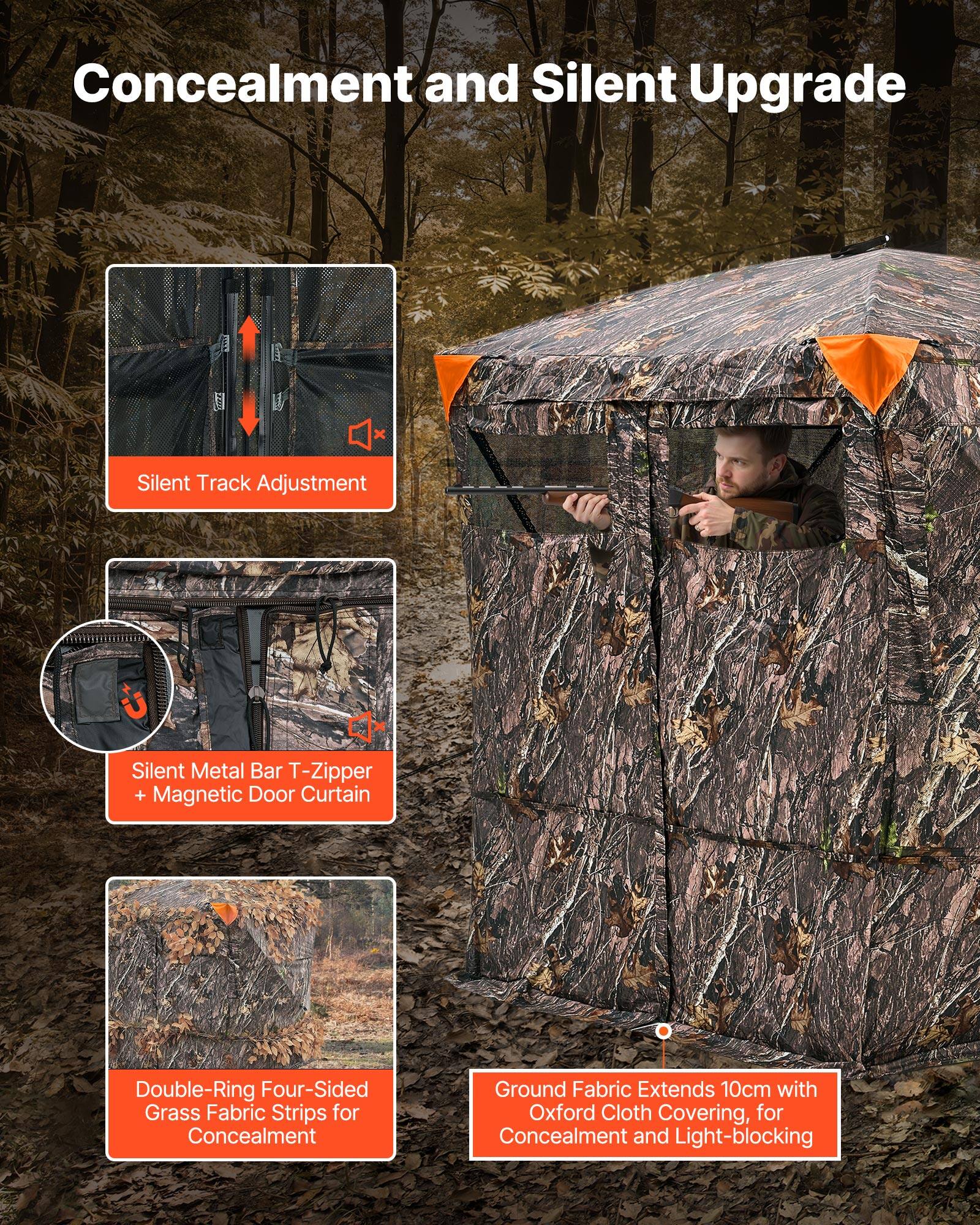 Concealment and Silent Upgrade

- Silent Track Adjustment
- Silent Metal Bar T-Zipper + Magnetic Door Curtain
- Double-Ring Four-Sided Grass Fabric Strips for Concealment
- Ground Fabric Extends 10cm with Oxford Cloth Covering, for Concealment and Light-blocking