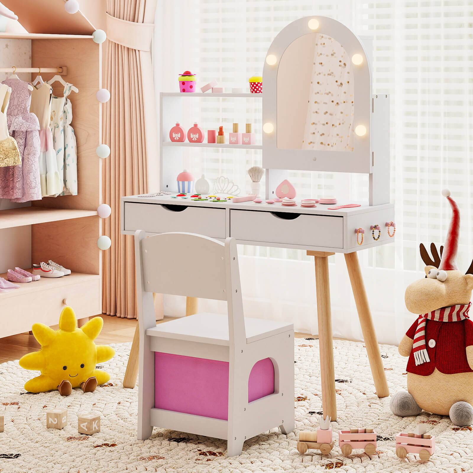 Alt View 1. Costway - Costway Kids Vanity Set with 3-Color Lighting Modes, Adjustable Brightness, Mirror Cabinet - White.