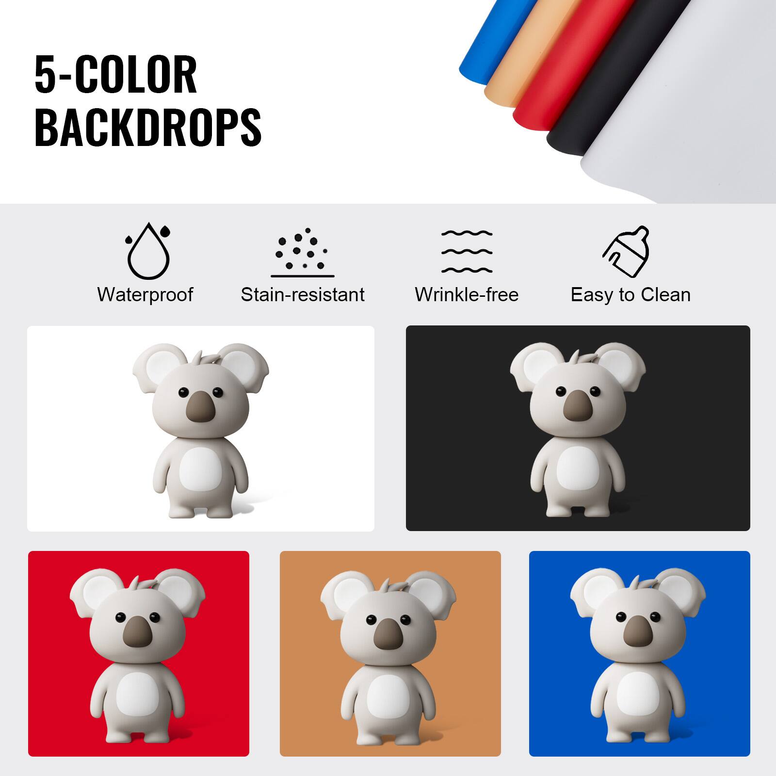 5-COLOR BACKDROPS

Waterproof  
Stain-resistant  
Wrinkle-free  
Easy to Clean