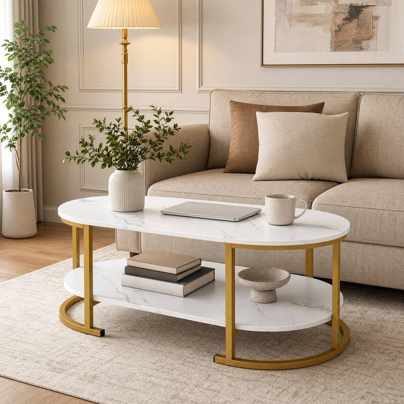 Angle. WELLFOR - 39.5" 2-Tier Oval Coffee Table with Metal Frame, Modern Wood Accent Table with Storage Shelf for Living Rooms - White.