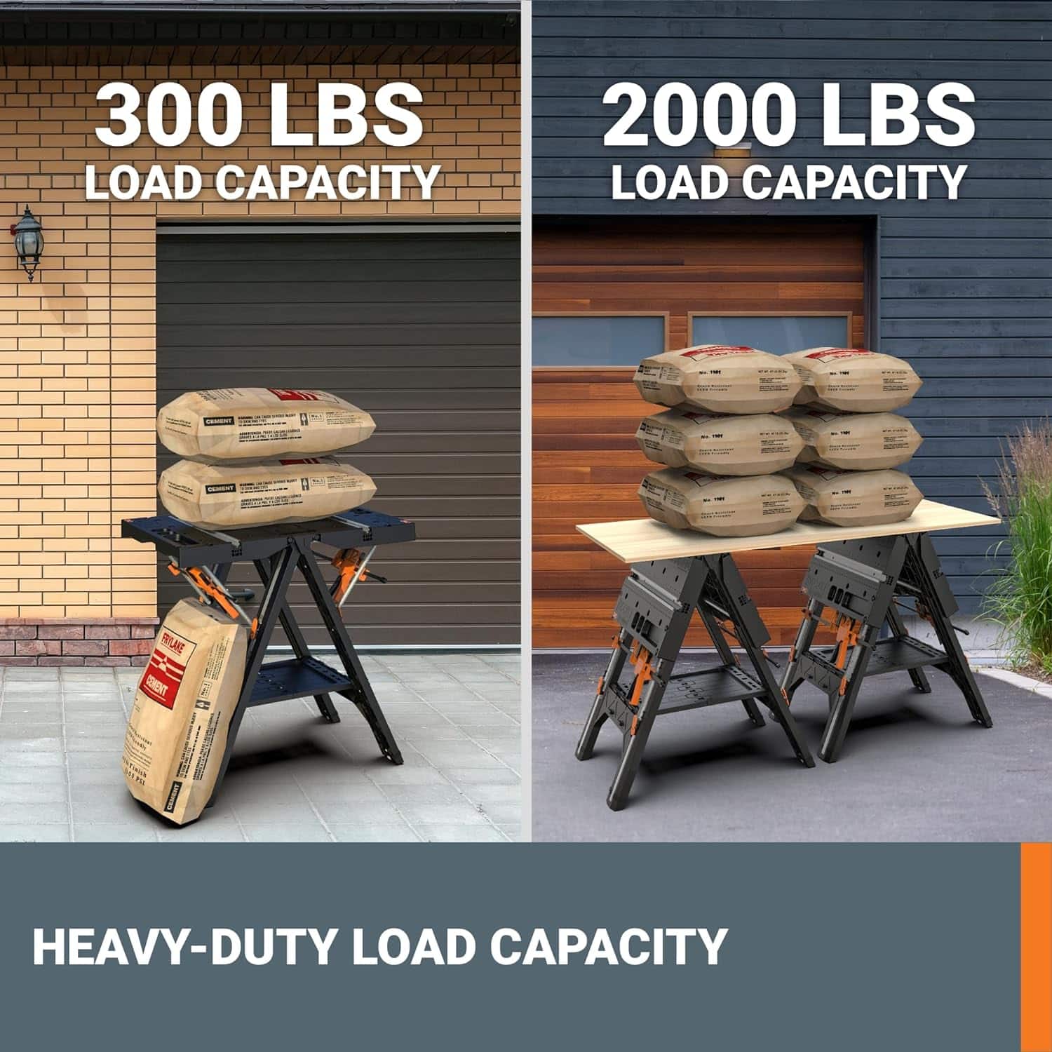 The text on the image is grouped and corrected as follows:
300 LBS LOAD CAPACITY
2000 LBS LOAD CAPACITY
HEAVY-DUTY LOAD CAPACITY