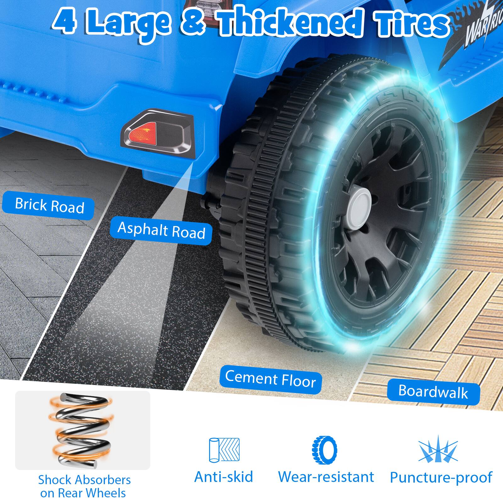4 Large & Thickened Tires

- Brick Road
- Asphalt Road
- Cement Floor
- Boardwalk

- Shock Absorbers on Rear Wheels
- Anti-skid
- Wear-resistant
- Puncture-proof