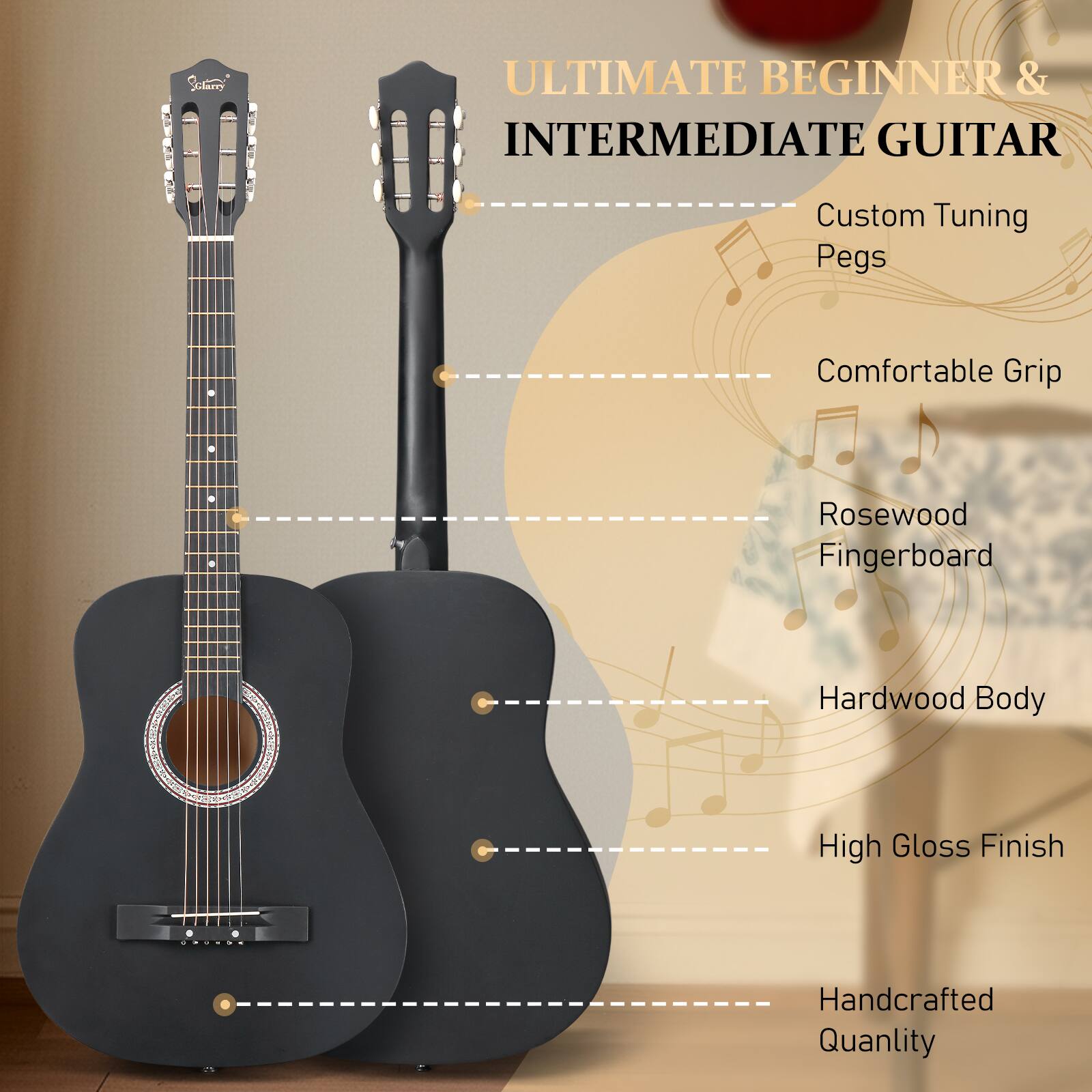 ULTIMATE BEGINNER & INTERMEDIATE GUITAR

- Custom Tuning Pegs
- Comfortable Grip
- Rosewood Fingerboard
- Hardwood Body
- High Gloss Finish
- Handcrafted Quality