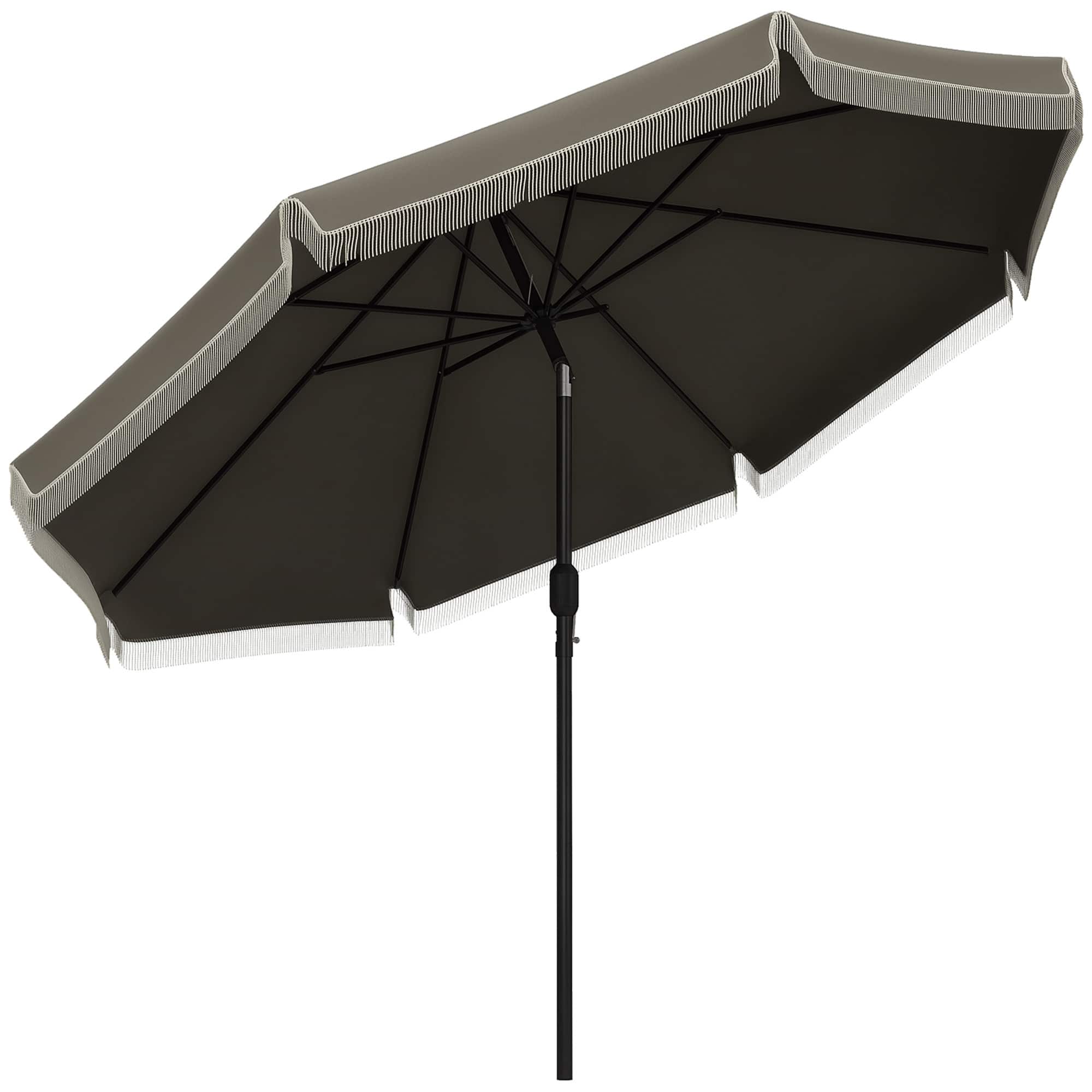 Outsunny - 9ft Patio Umbrella with Push Button Tilt and Crank, Ruffled Outdoor Market Table Umbrella with Tassles and 8 Ribs - Dark Gray