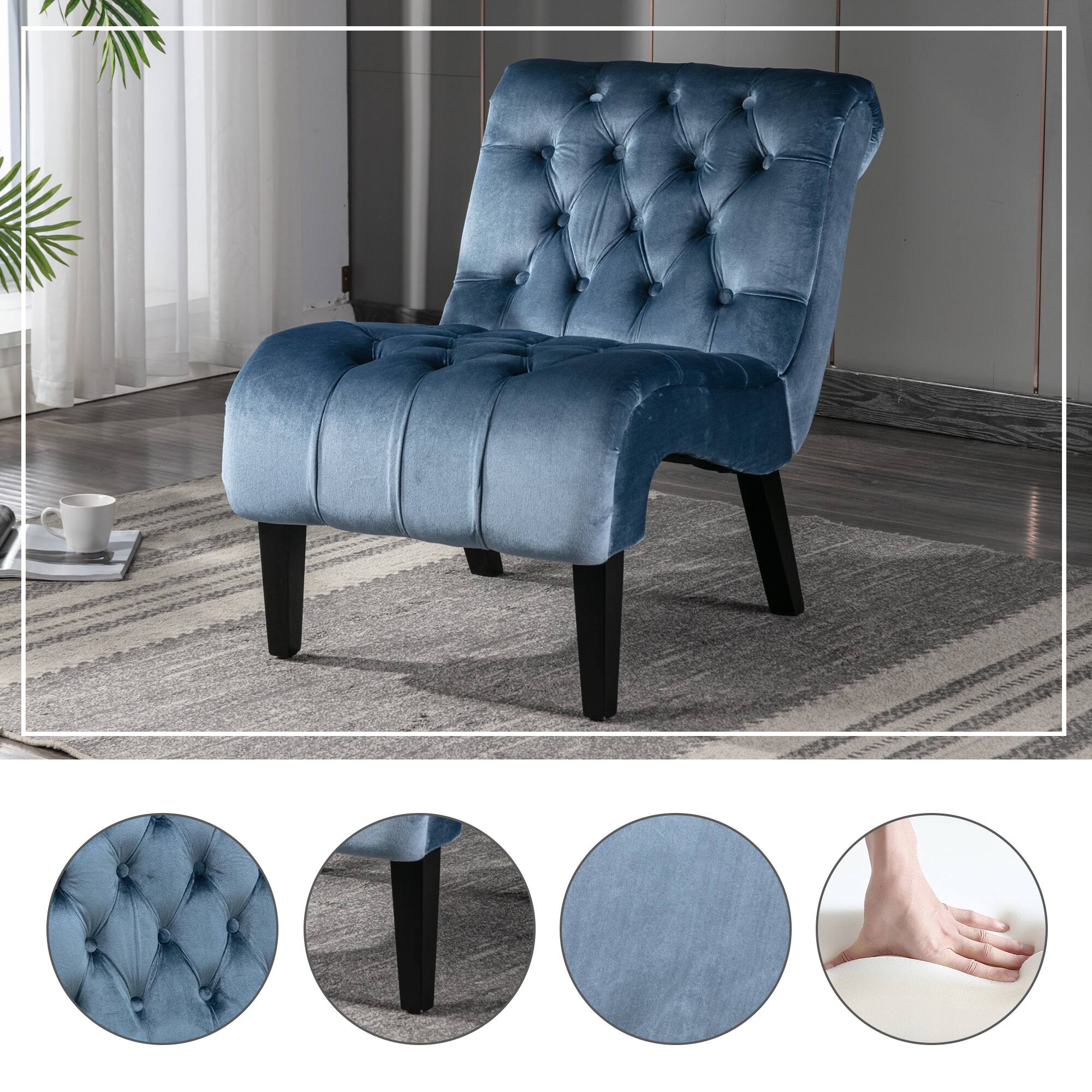 Alt View 2. Trinkets Crazed - Velvet Accent Lounge Chair for Living Room, Modern Leisure Chair with Tufted Backrest, Indoor Armless Side Chair - Light Blue.