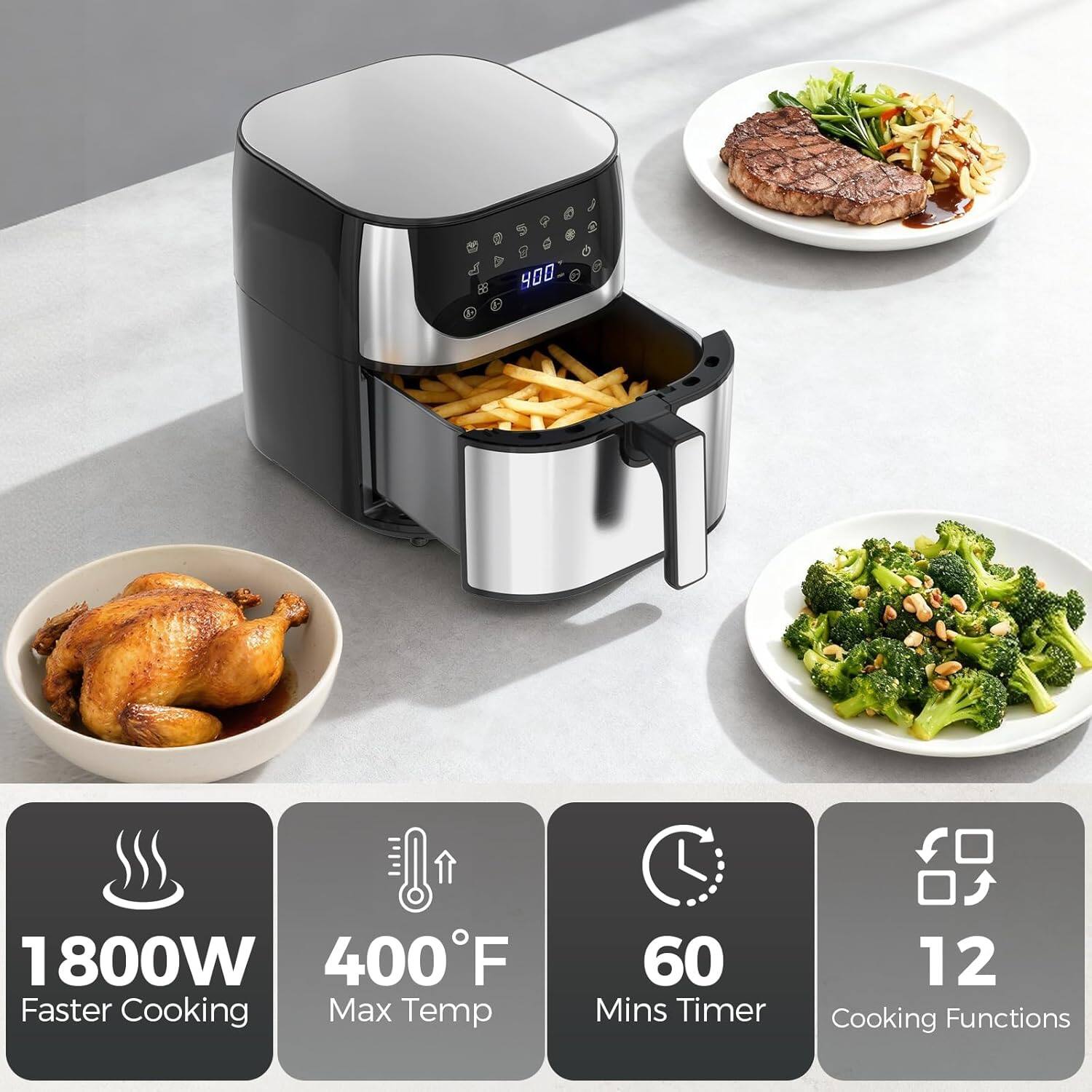 400°F  
1800W  
Faster Cooking  
Max Temp 400°F  
60 Mins Timer  
12 Cooking Functions