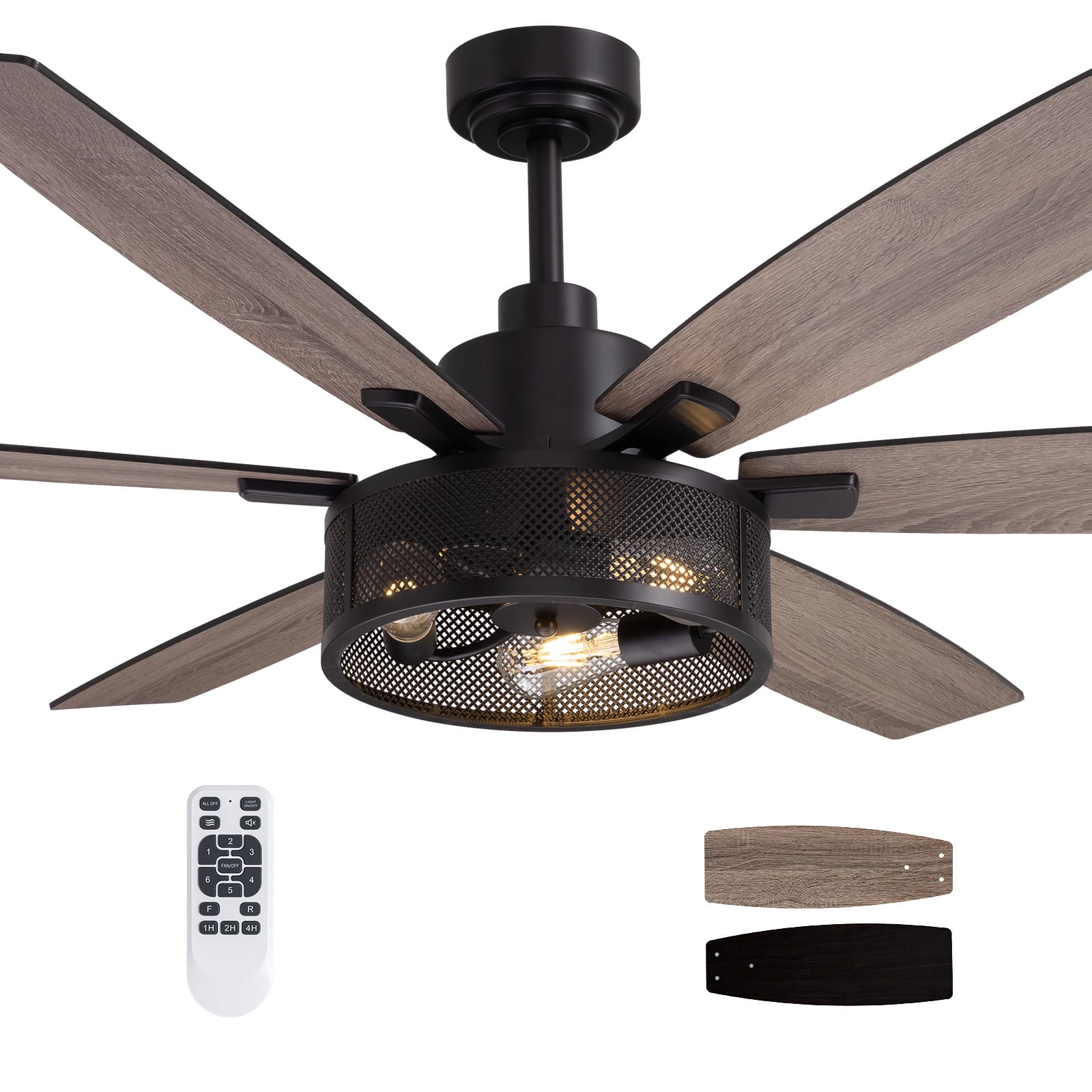 Siljoy - 60 Inch Farmhouse Black Caged Ceiling Fans with Lights and Remote for Bedroom Living Room Patio Indoor and Outdoor - Classic Black