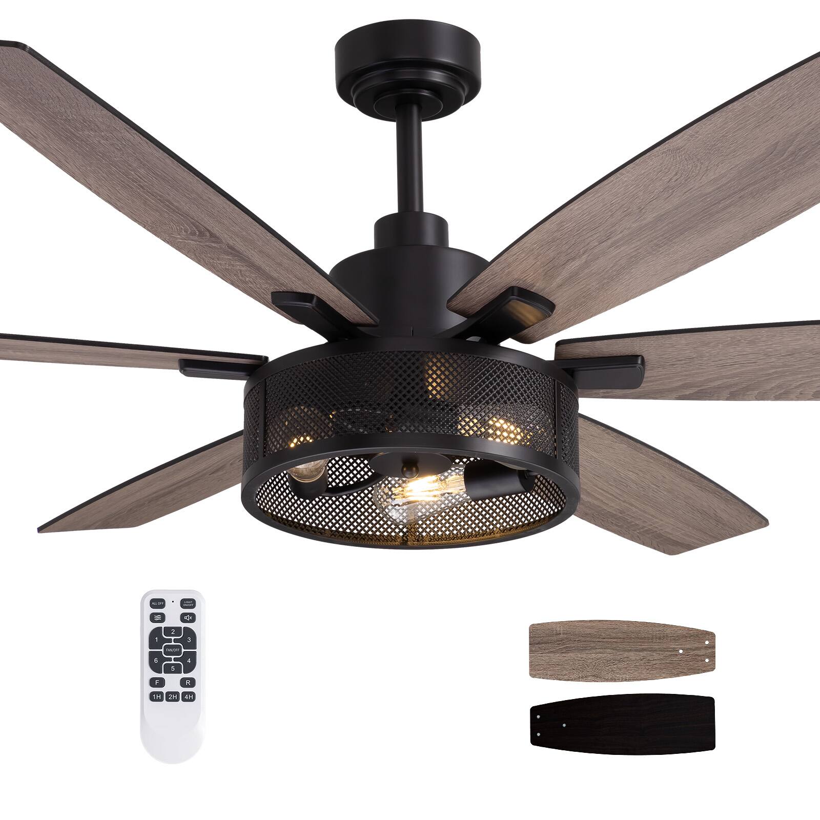 Front. Siljoy - 60 Inch  Farmhouse Black Caged Ceiling Fans with Lights and Remote for Bedroom Living Room  Patio Indoor and Outdoor - Classic Black.