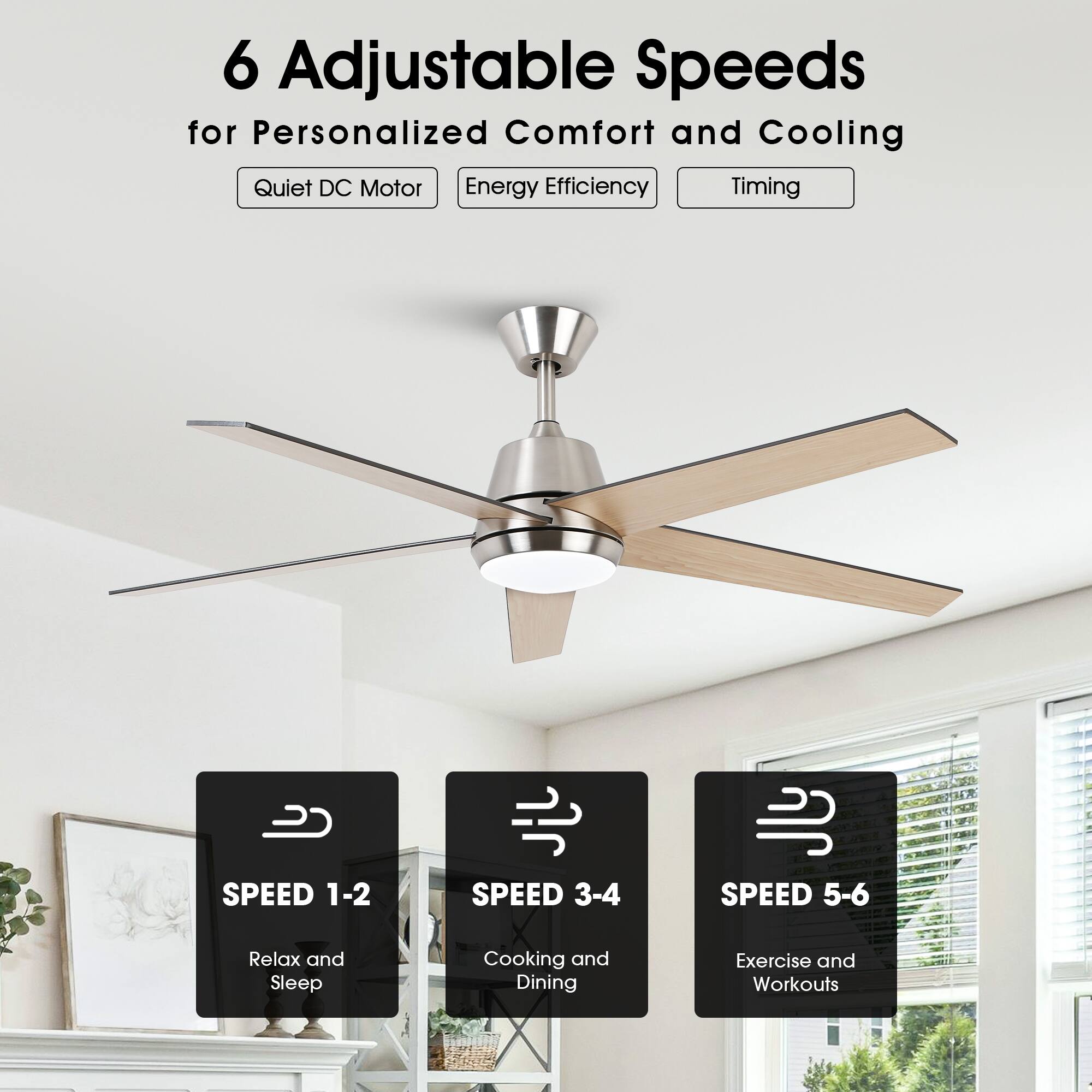 6 Adjustable Speeds for Personalized Comfort and Cooling  
Quiet DC Motor  
Energy Efficiency  
Timing  

SPEED 1-2  
Relax and Sleep  

SPEED 3-4  
Cooking and Dining  

SPEED 5-6  
Exercise and Workouts