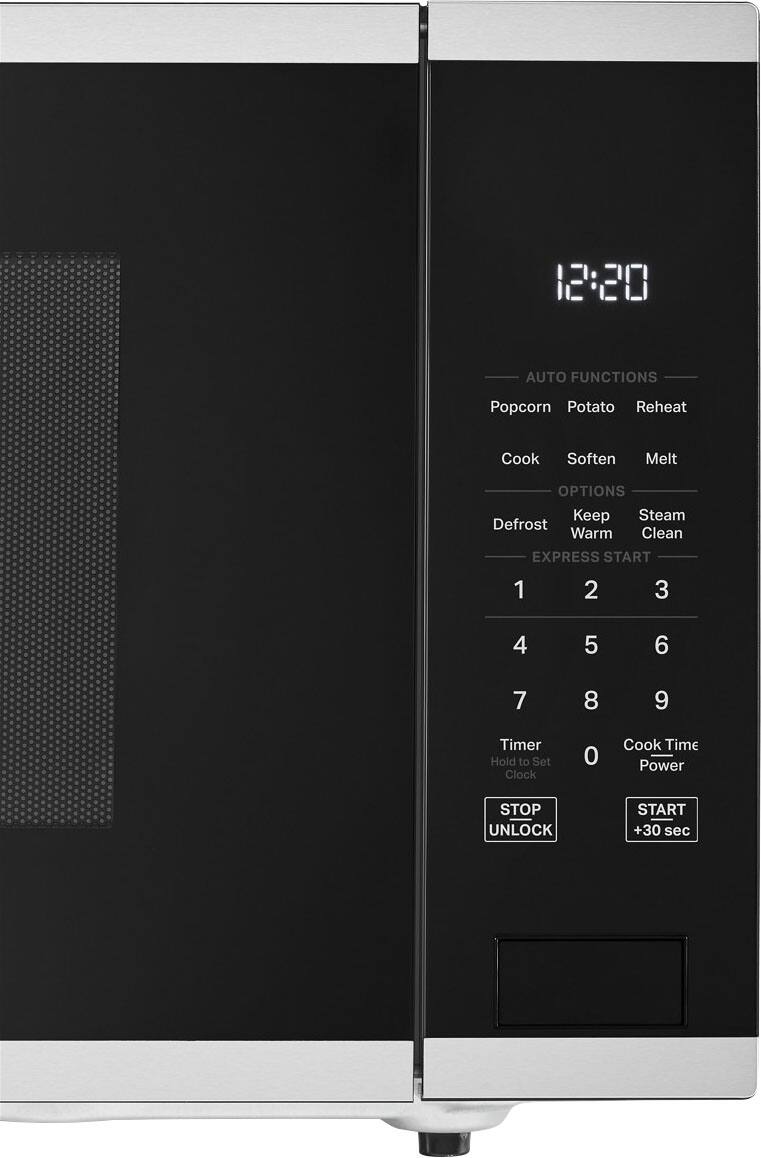 12:20

AUTO FUNCTIONS
- Popcorn
- Potato
- Reheat
- Cook
- Soften
- Melt

OPTIONS
- Defrost
- Keep Warm
- Steam Clean

EXPRESS START
1 2 3
4 5 6
7 8 9

Timer Hold to Set
0 Cook Time Power

STOP UNLOCK
START +30 sec