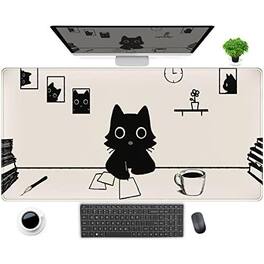 Comfort Essence - Cute White Cat Anime Green Plant Leaves Desk Mat Large Mouse Pad Gaming Xl Extended Mousepad Accessories For - Beige White Cartoon Cat-15.8" x 31.5"