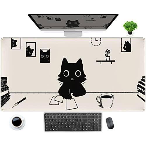 Front. Comfort Essence - Cute White Cat Anime Green Plant Leaves Desk Mat Large Mouse Pad Gaming Xl Extended Mousepad Accessories For - Beige White Cartoon Cat-15.8" x 31.5".