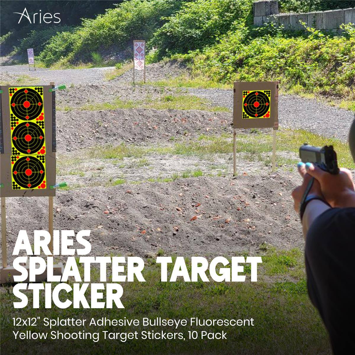 Aries ARIES SPLATTER TARGET STICKER 12x12" Splatter Adhesive Bullseye Fluorescent Yellow Shooting Target Stickers, 10 Pack