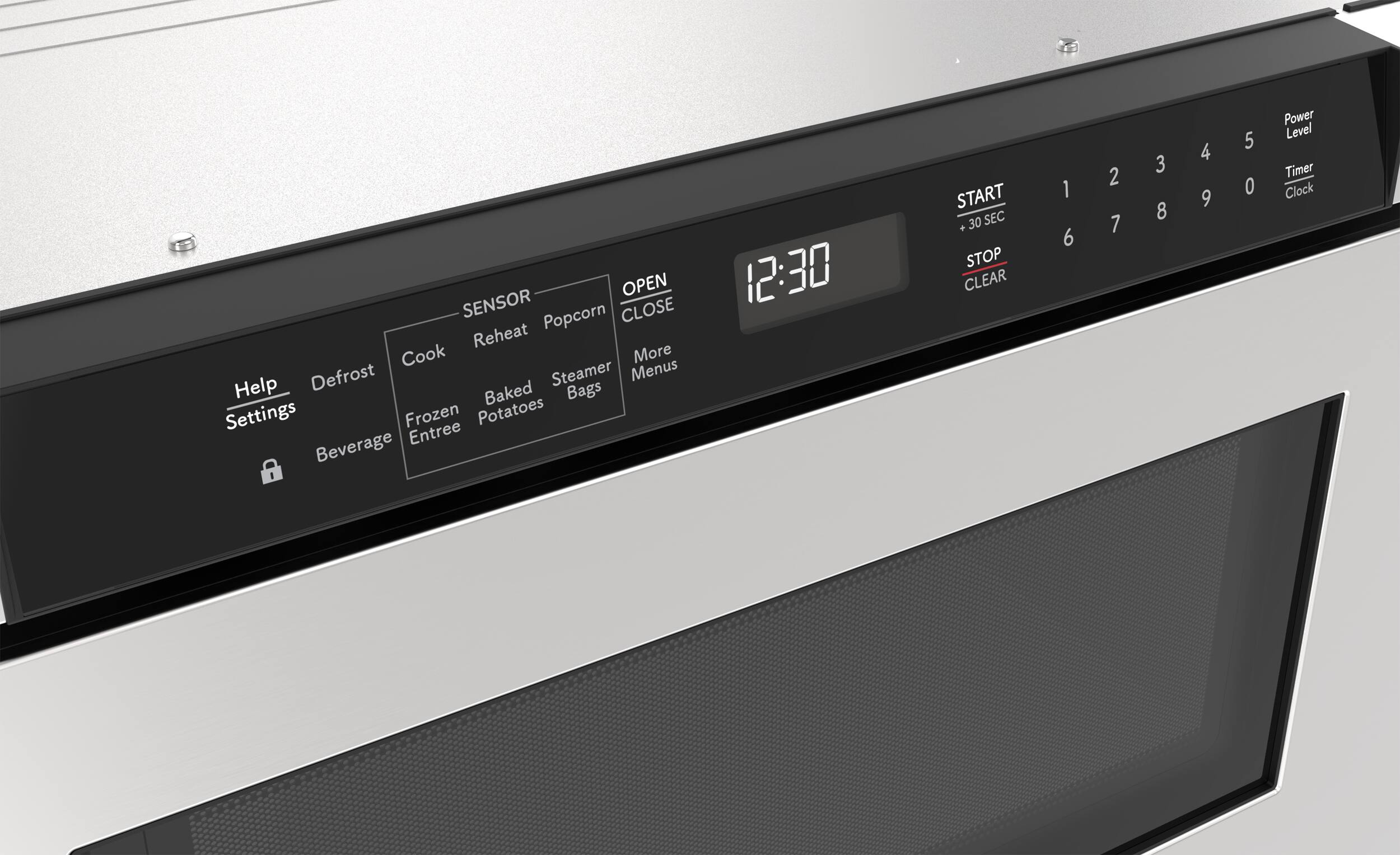 Here is the corrected and grouped text from the image:

**Top Row:**
- OPEN SENSOR
- CLOSE
- 12:30

**Left Column:**
- Help
- Settings
- Defrost
- Baked Potatoes
- Beverage
- Entree

**Middle Column:**
- Cook
- Frozen
- Steamer Bags

**Right Column:**
- More Menus
- Power Level
- Timer
- Clock

**Bottom Row:**
- START +30 SEC
- STOP CLEAR

**Numbers:**
- 1 2 3 4 5
- 6 7 8 9 0