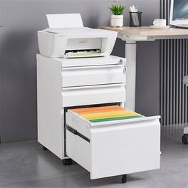 HTUTWOO - 3-Drawer Mobile File Cabinet with Lock - Steel Filing Cabinet, 5 Wheels with 2 Brakes & Anti-Tip, Pen Tray & Hanging Bar - White