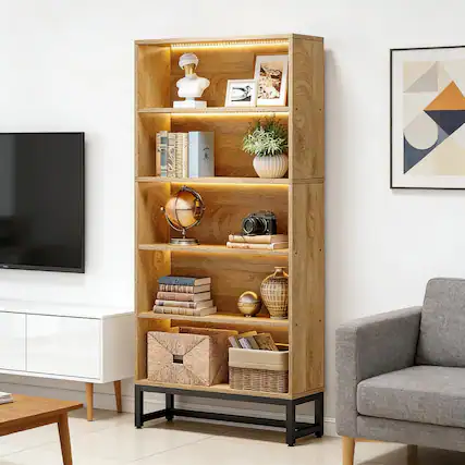 Front. HTUTWOO - 5-Tier Spacious Bookshelf with LED Lights, with Anti-Tip Design for Living Room Bedroom Study Home Office - Brown.