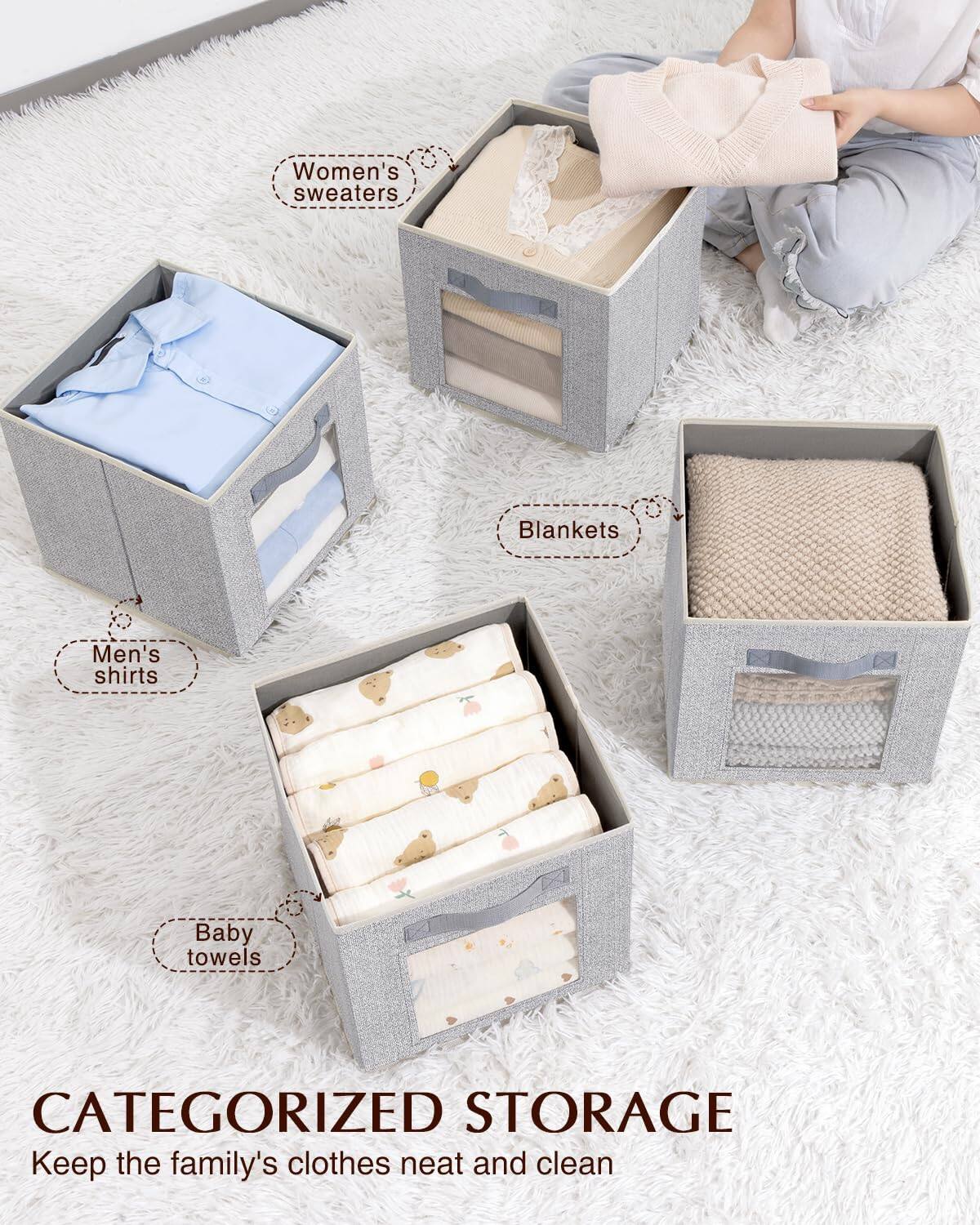 Women's sweaters  
Men's shirts  
Blankets  
Baby towels  

CATEGORIZED STORAGE  
Keep the family's clothes neat and clean